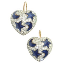 Vintage Swarovski Heart Earrings With Blue Enamel Stars & Moon