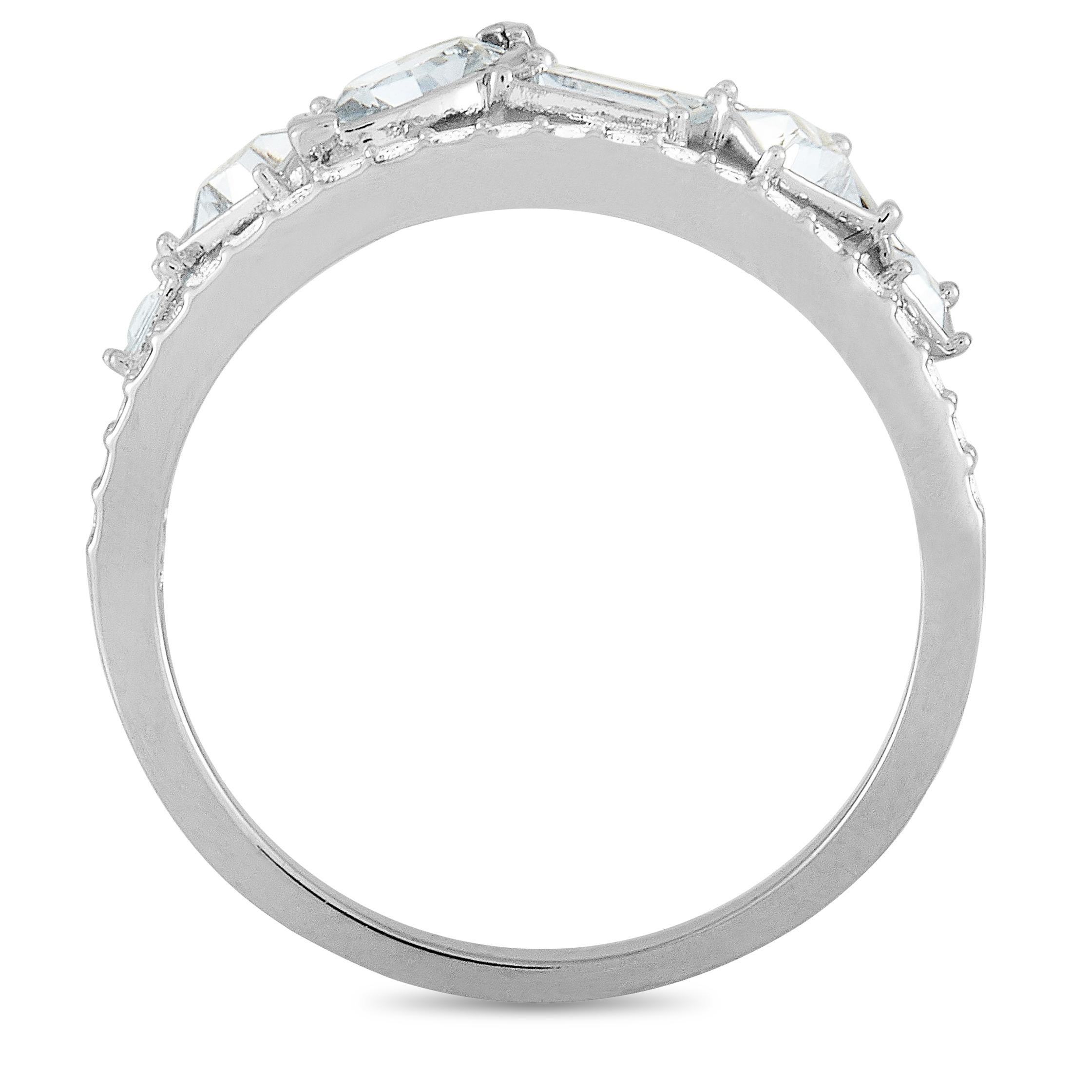 The Swarovski “Henrietta” ring is made out of rhodium-plated stainless steel and clear Swarovski crystals and weighs 2.3 grams. The ring boasts band thickness of 1 mm and top height of 3 mm, while top dimensions measure 20 by 6 mm.