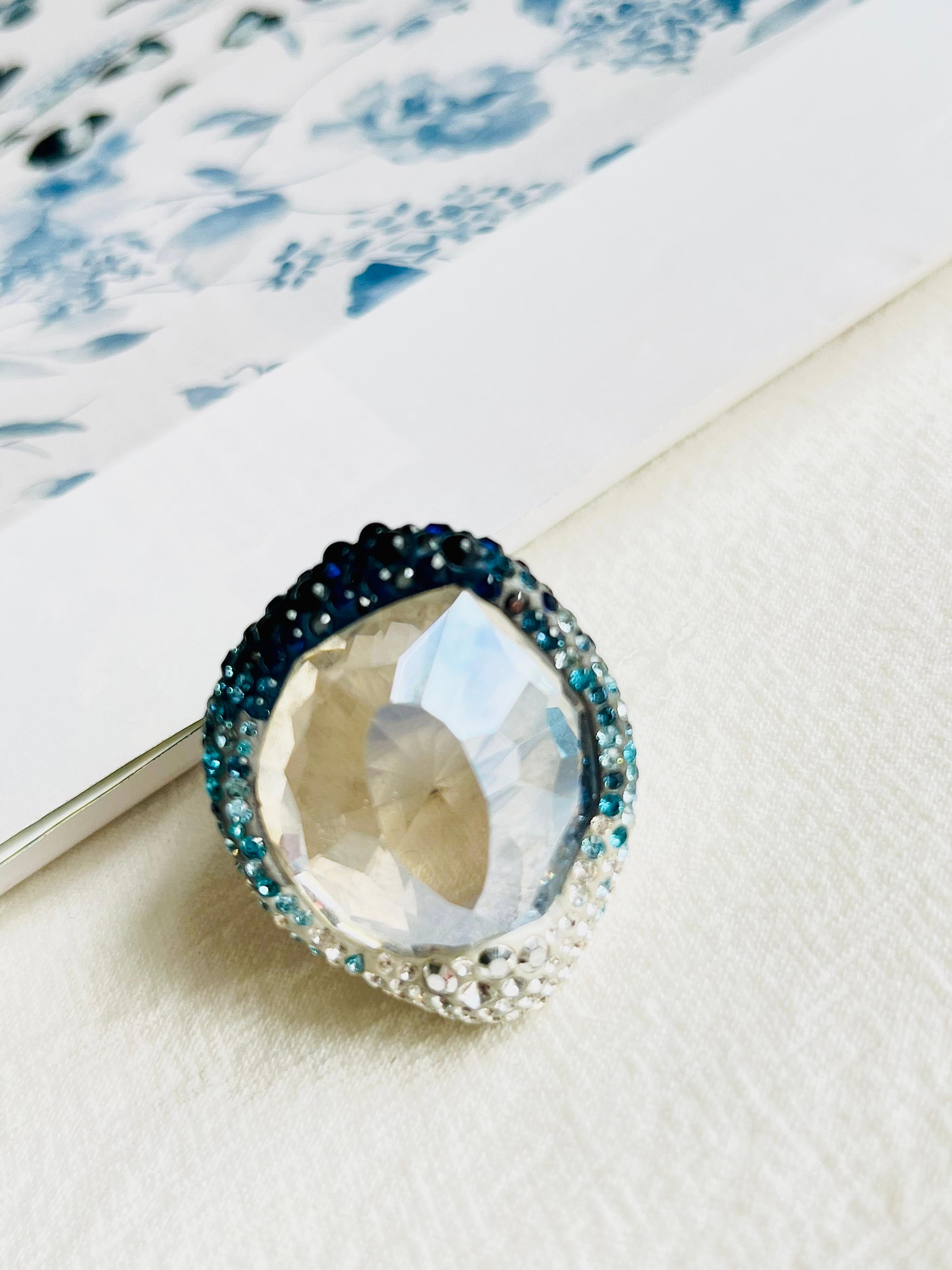 Art Deco Swarovski Hyacinth Blue Crystals Large Nirvana Cocktail Ring, Size N, 55, White