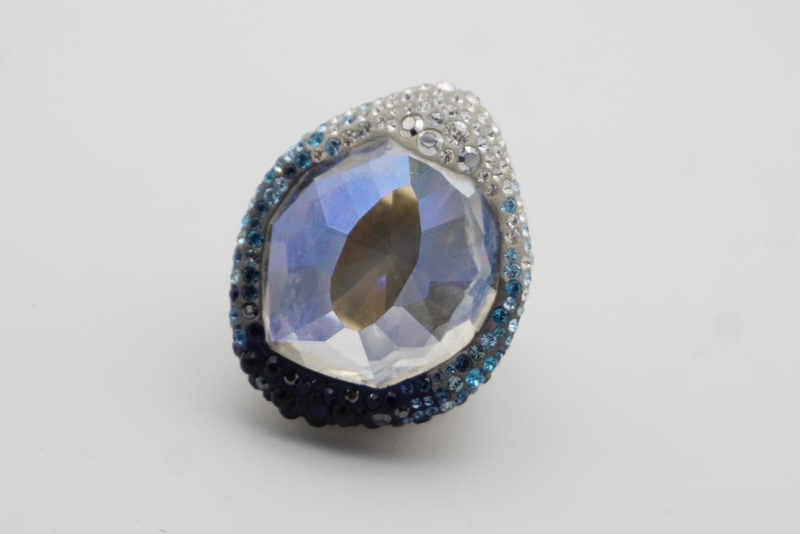Women's or Men's Swarovski Hyacinth Blue Crystals Large Nirvana Cocktail Ring, Size N, 55, White For Sale