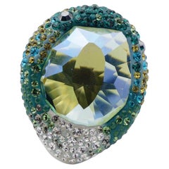 Vintage Swarovski Hyacinth Green Crystals Large Nirvana Cocktail Ring, Size N, 55, White