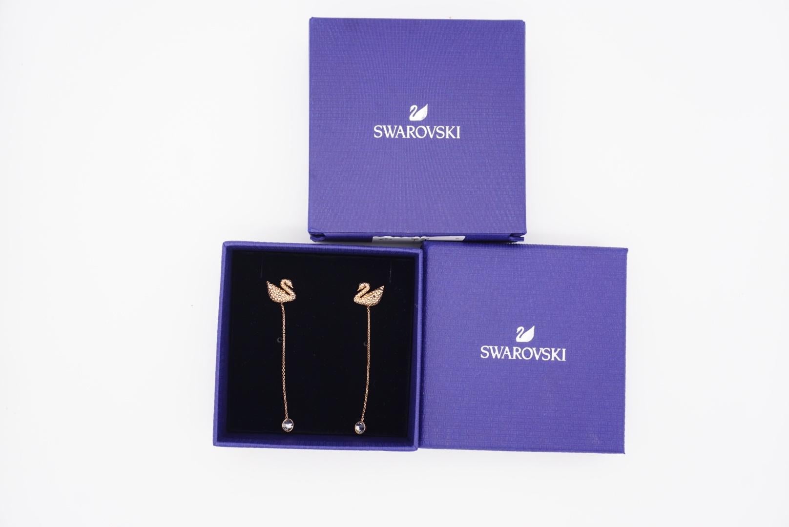 Etruscan Revival Swarovski Iconic Swan Crystal Pierced Long Drop Rose Gold Black Earrings Jackets