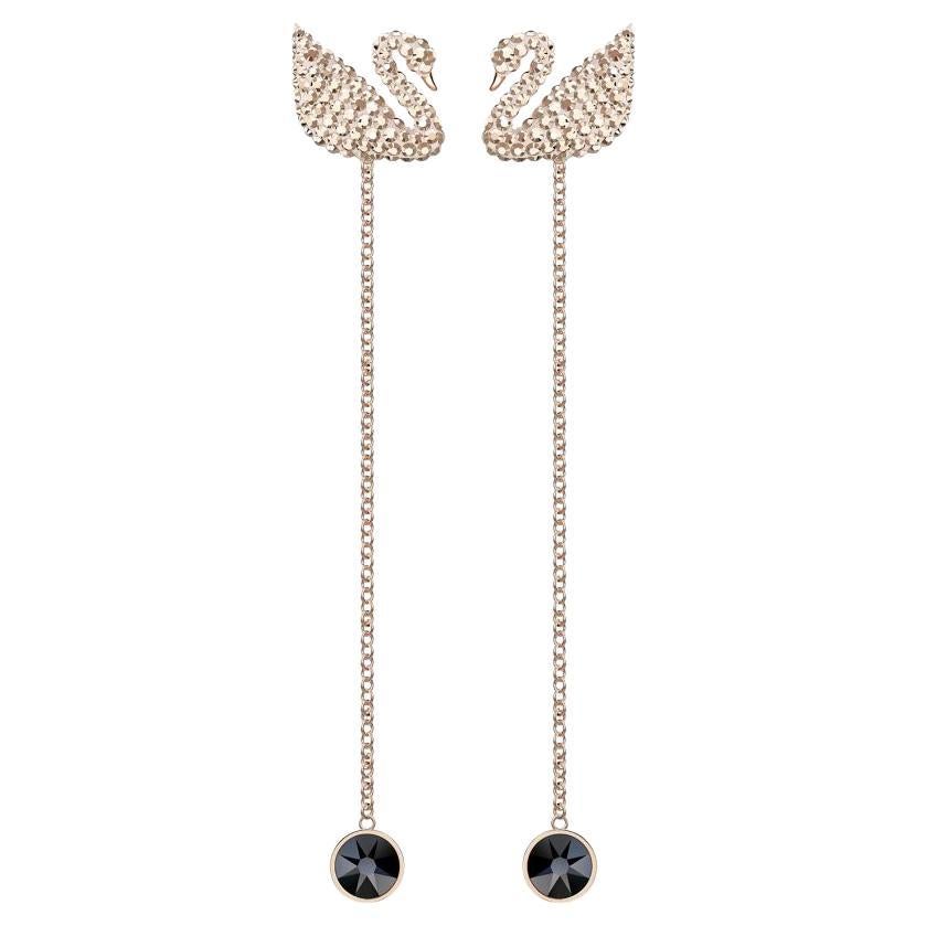 Swarovski Iconic Swan Crystal Pierced Long Drop Rose Gold Black Earrings Jackets In New Condition In Wokingham, England