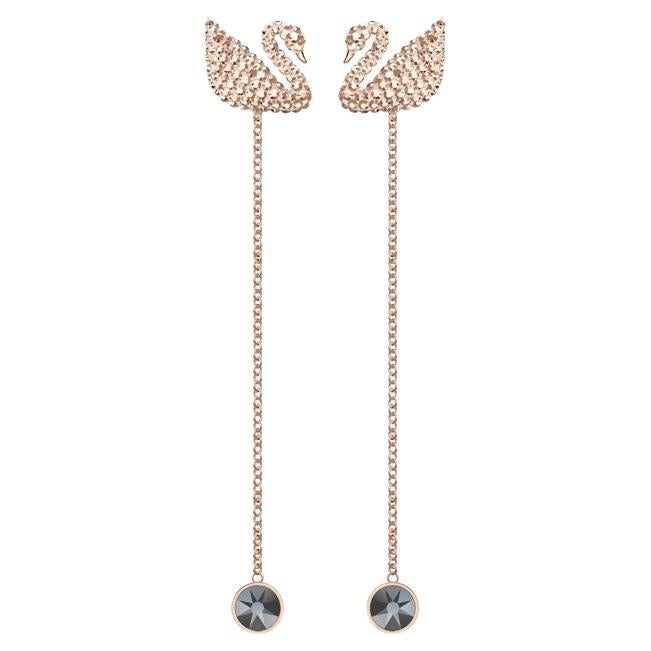Swarovski Iconic Swan Crystal Pierced Long Drop Rose Gold Black Earrings Jackets