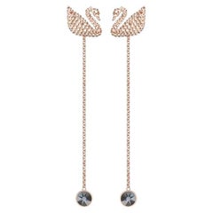 Swarovski Iconic Swan Crystal Pierced Long Drop Rose Gold Black Earrings Jackets