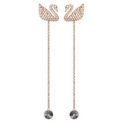 Swarovski Iconic Swan Crystal Pierced Long Drop Rose Gold Black Earrings Jackets