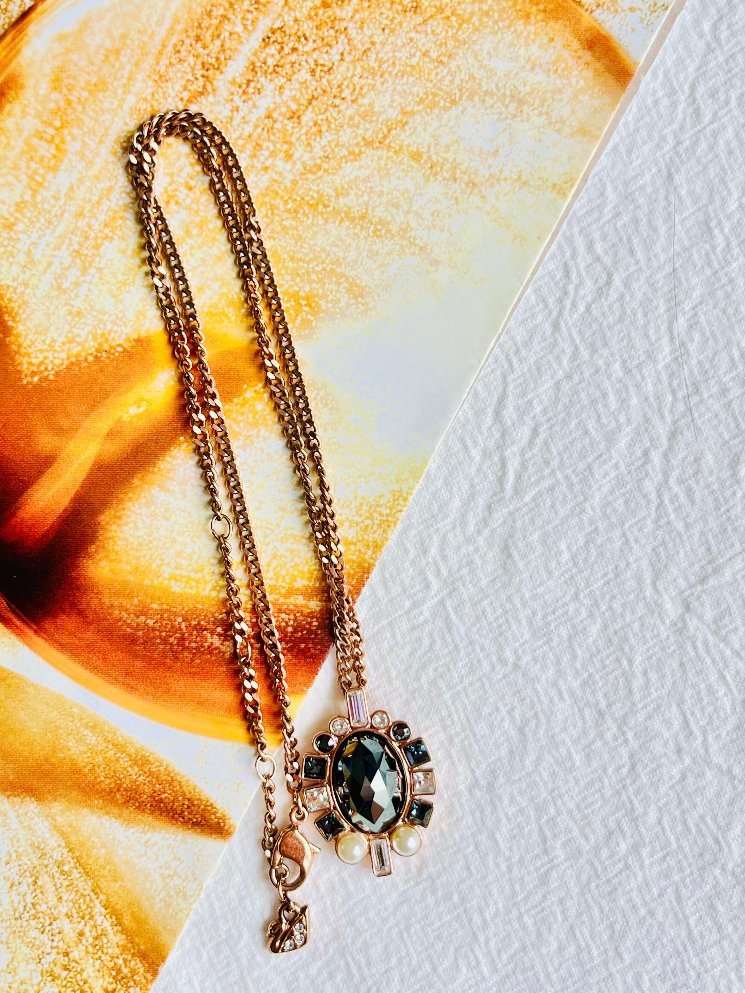 Baroque Swarovski Large Black White Oval Crystals Pearls Pendant Necklace Rose Gold Tone