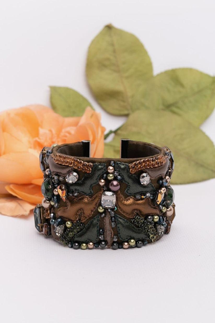 Swarovski Leather Cuff Bracelet Embroidered with Beads For Sale 6