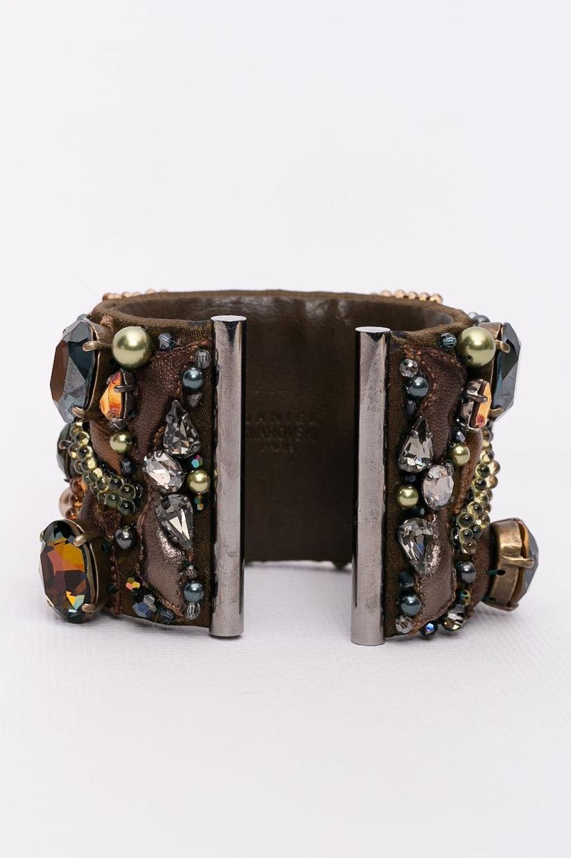 Women's Swarovski Leather Cuff Bracelet Embroidered with Beads For Sale
