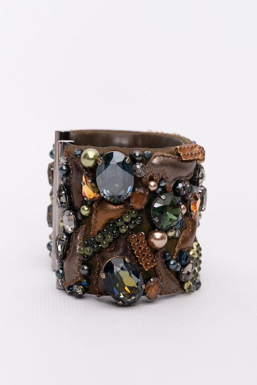 Swarovski Leather Cuff Bracelet Embroidered with Beads For Sale 1