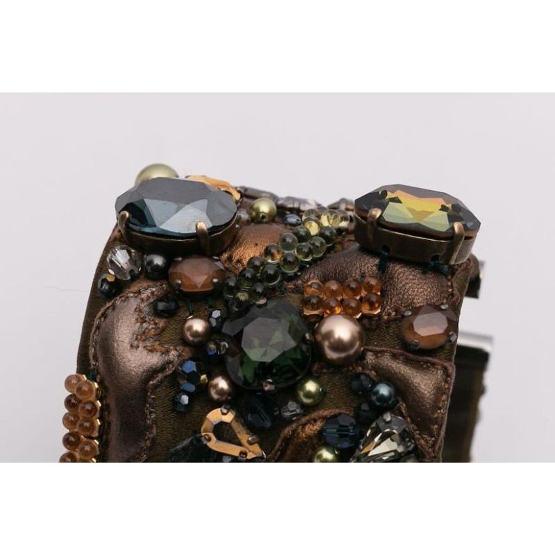 Swarovski Leather Cuff Bracelet Embroidered with Beads For Sale 3
