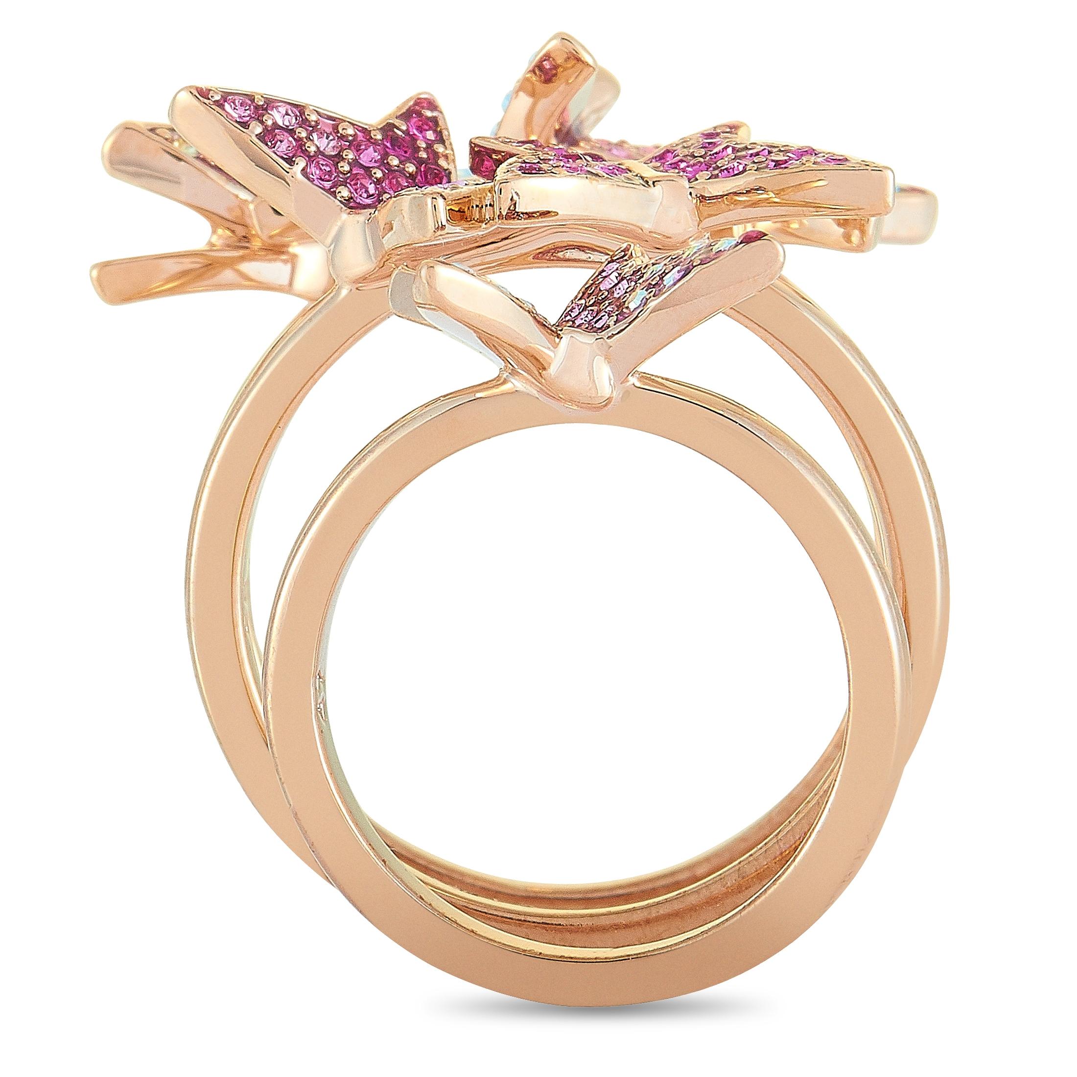 The Swarovski “Lilia” stackable rings are made of 18K rose gold-plated stainless steel and embellished with pink and clear Swarovski crystals. The rings weigh 8.4 grams in total, boasting combined band thickness of 4 mm and top height of 6 mm, while