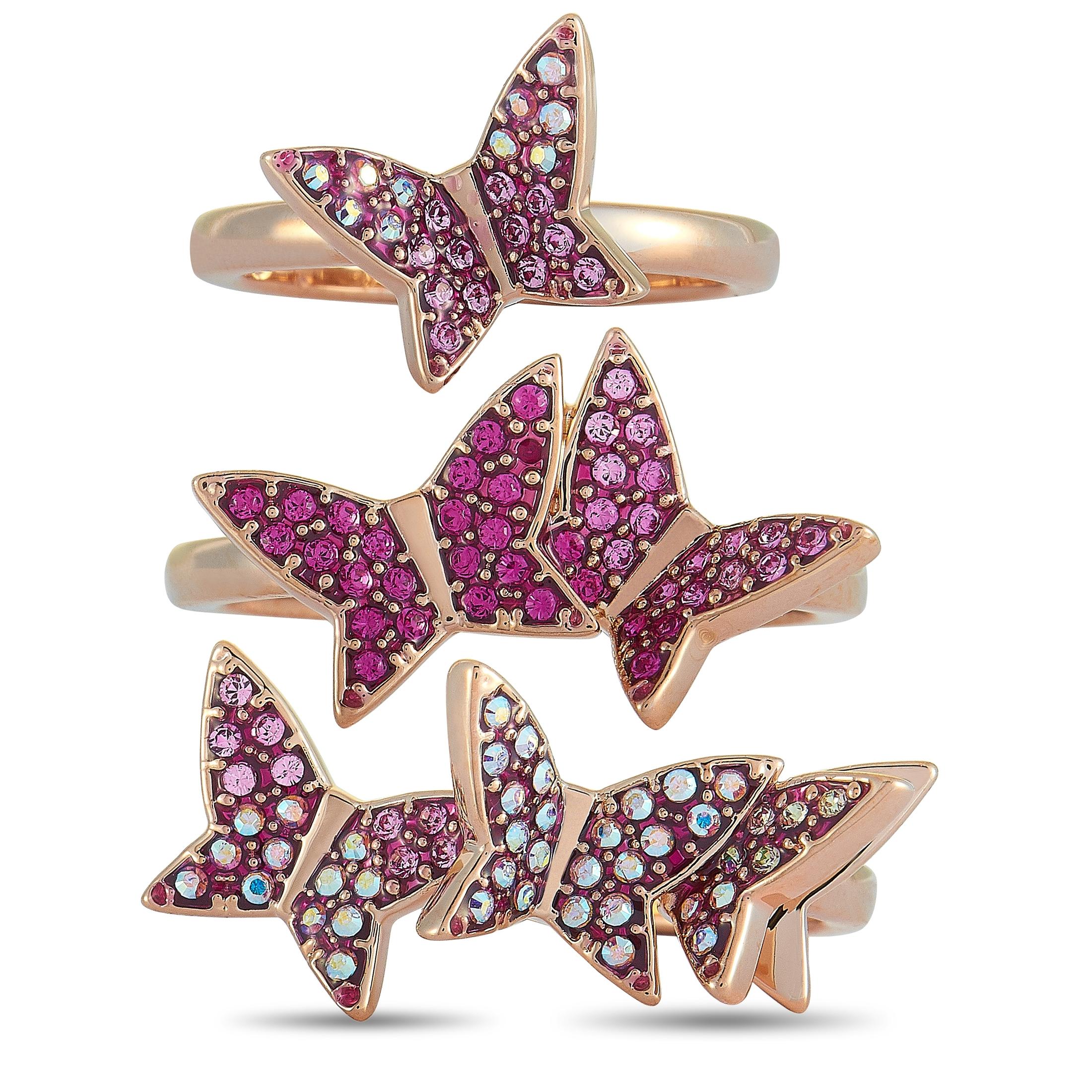 Round Cut Swarovski Lilia Rose Gold-Plated Steel Pink& Clear Crystals Stackable Rings For Sale