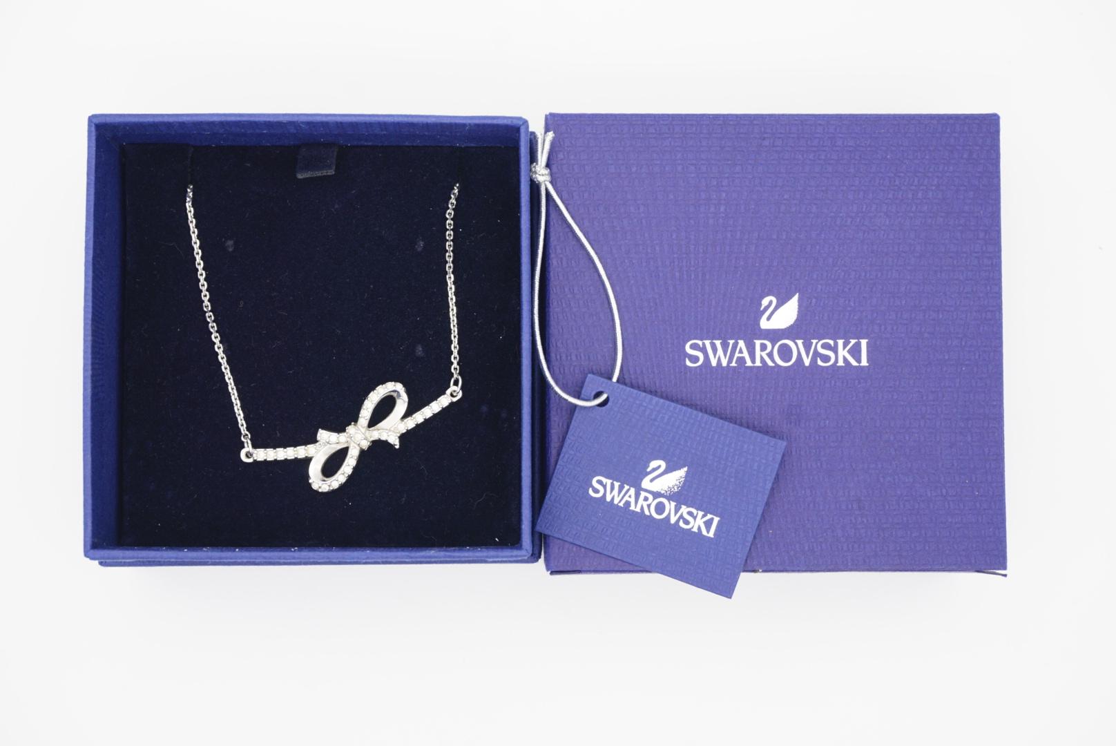 Swarovski Long Large Knot Bow Clear Crystals Pendant Necklace White Silver Tone For Sale 1