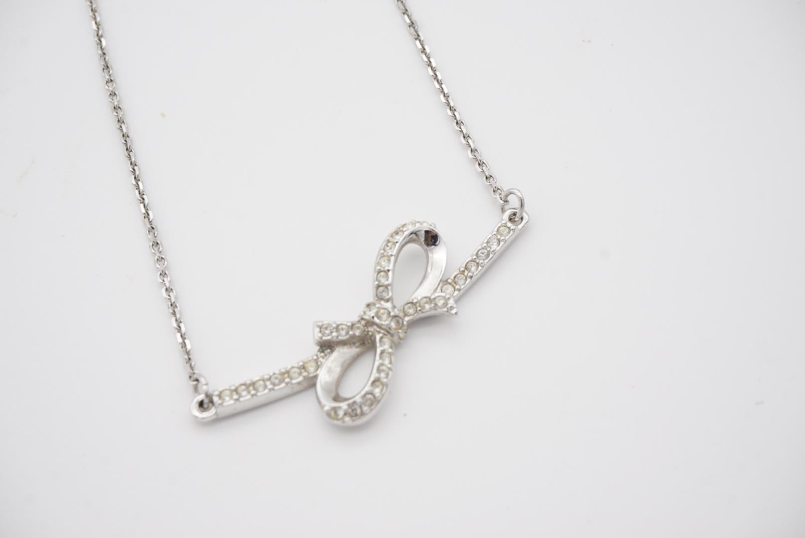 Swarovski Long Large Knot Bow Clear Crystals Pendant Necklace White Silver Tone For Sale 3