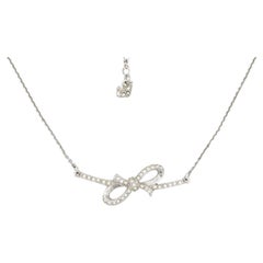 Swarovski Long Large Knot Bow Ribbon Bar Crystals Pendant White Silver Necklace