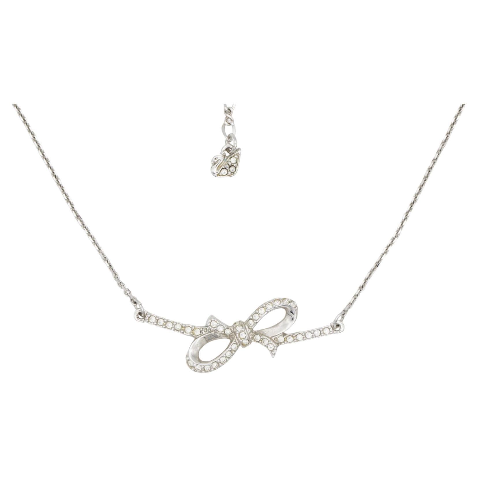 Swarovski Long Large Knot Bow Ribbon Bar Crystals Pendant White Silver Necklace For Sale