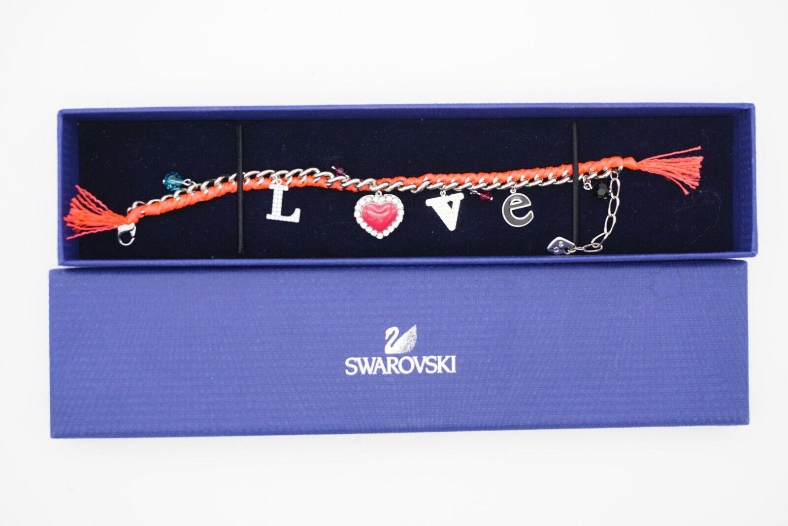 Art Deco Swarovski Love Heart Charm Alphabet Shining Crystals Pink Red Silver Bracelet For Sale
