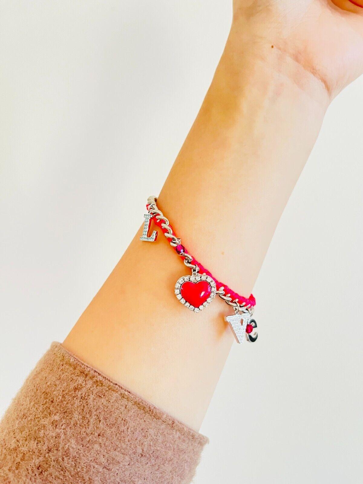 Swarovski Love Heart Charm Alphabet Shining Crystals Pink Red Silver Bracelet For Sale 1