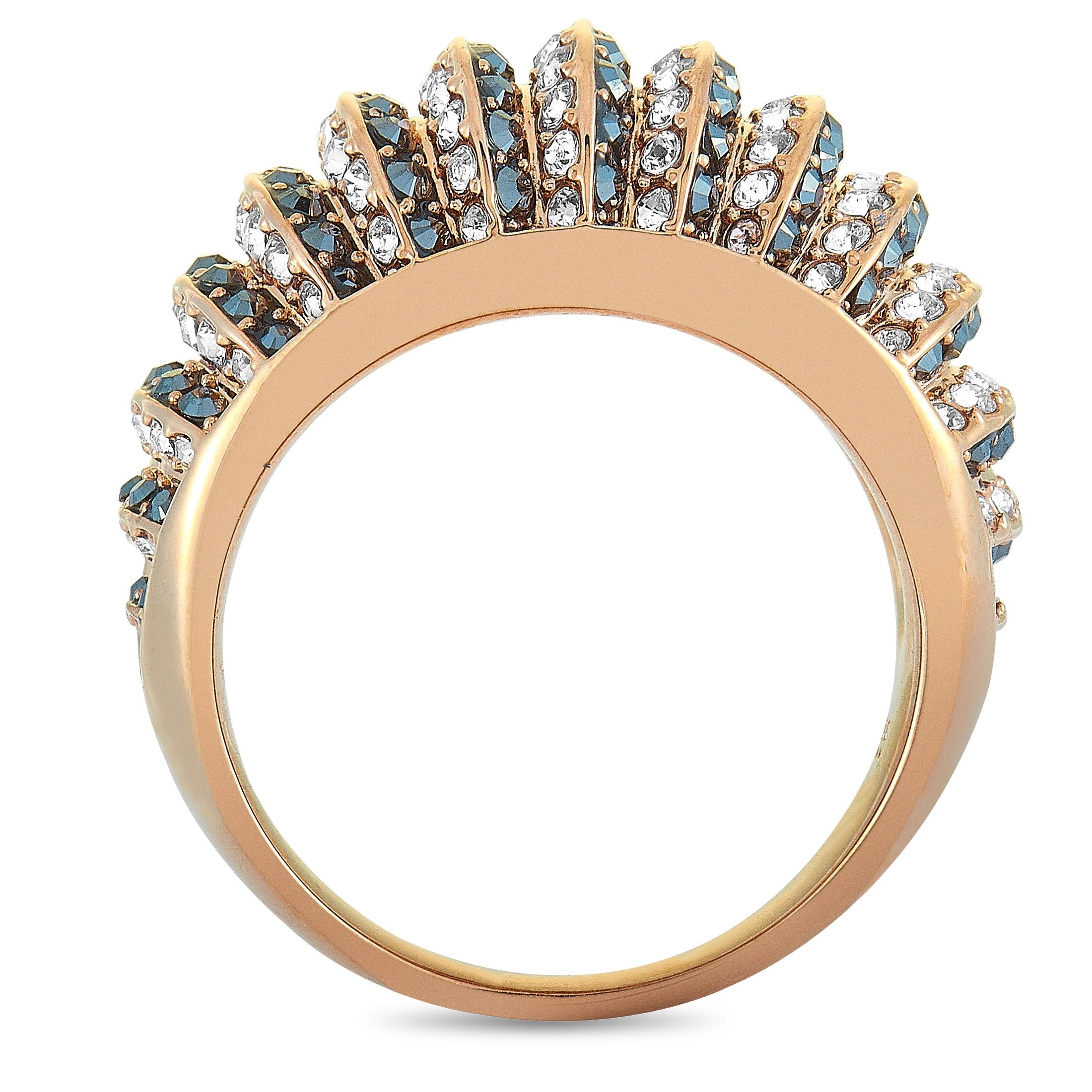 The Swarovski “Luxury” ring is made of 18K rose gold-plated stainless steel and embellished with black and clear crystals. The ring weighs 9.3 grams, boasting band thickness of 3 mm and top height of 6 mm, while top dimensions measure 21 by 12 mm.