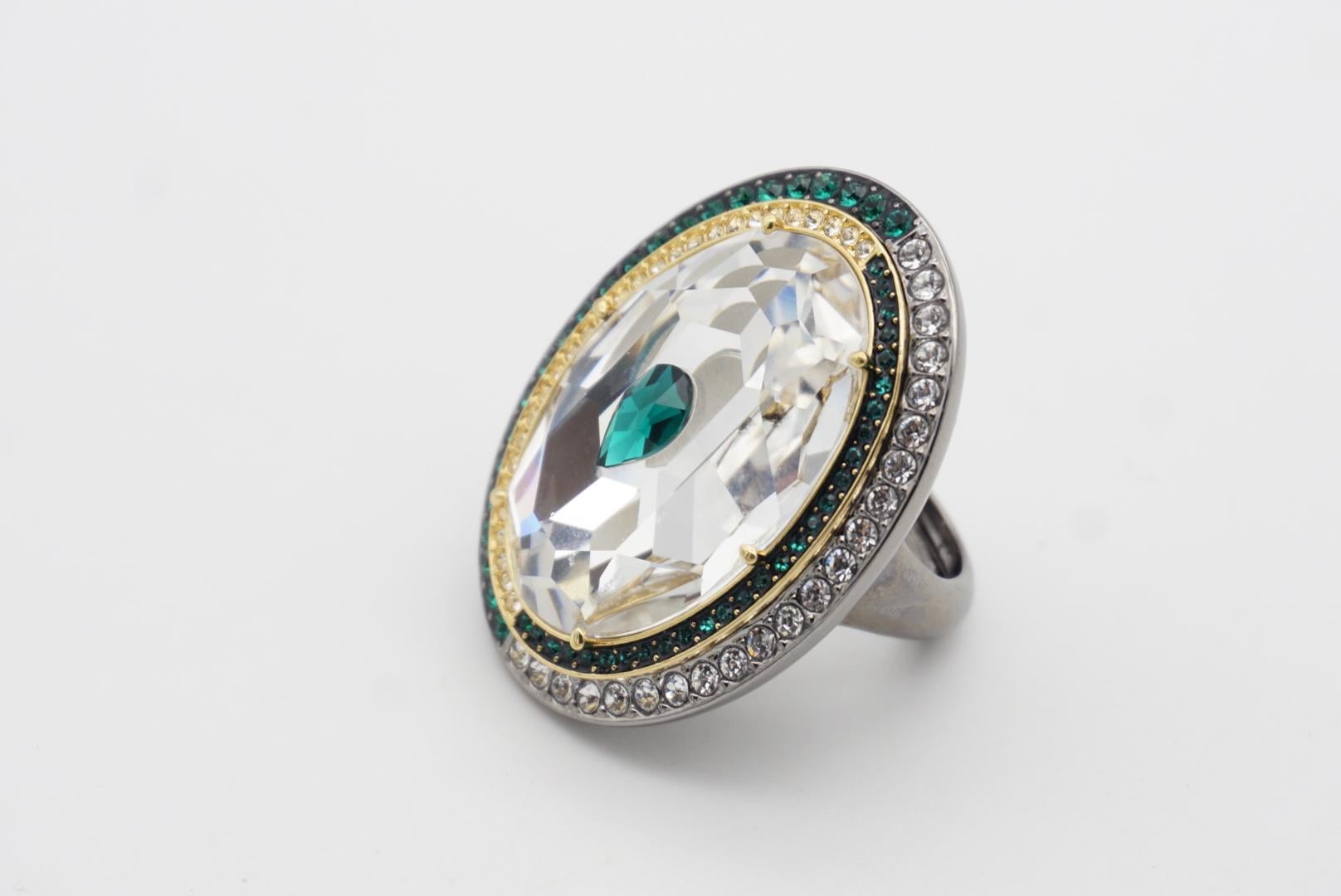 Swarovski Luxury Dark Green Crystals Chunky Nirvana Cocktail Ring Size 50 - 55 For Sale 7