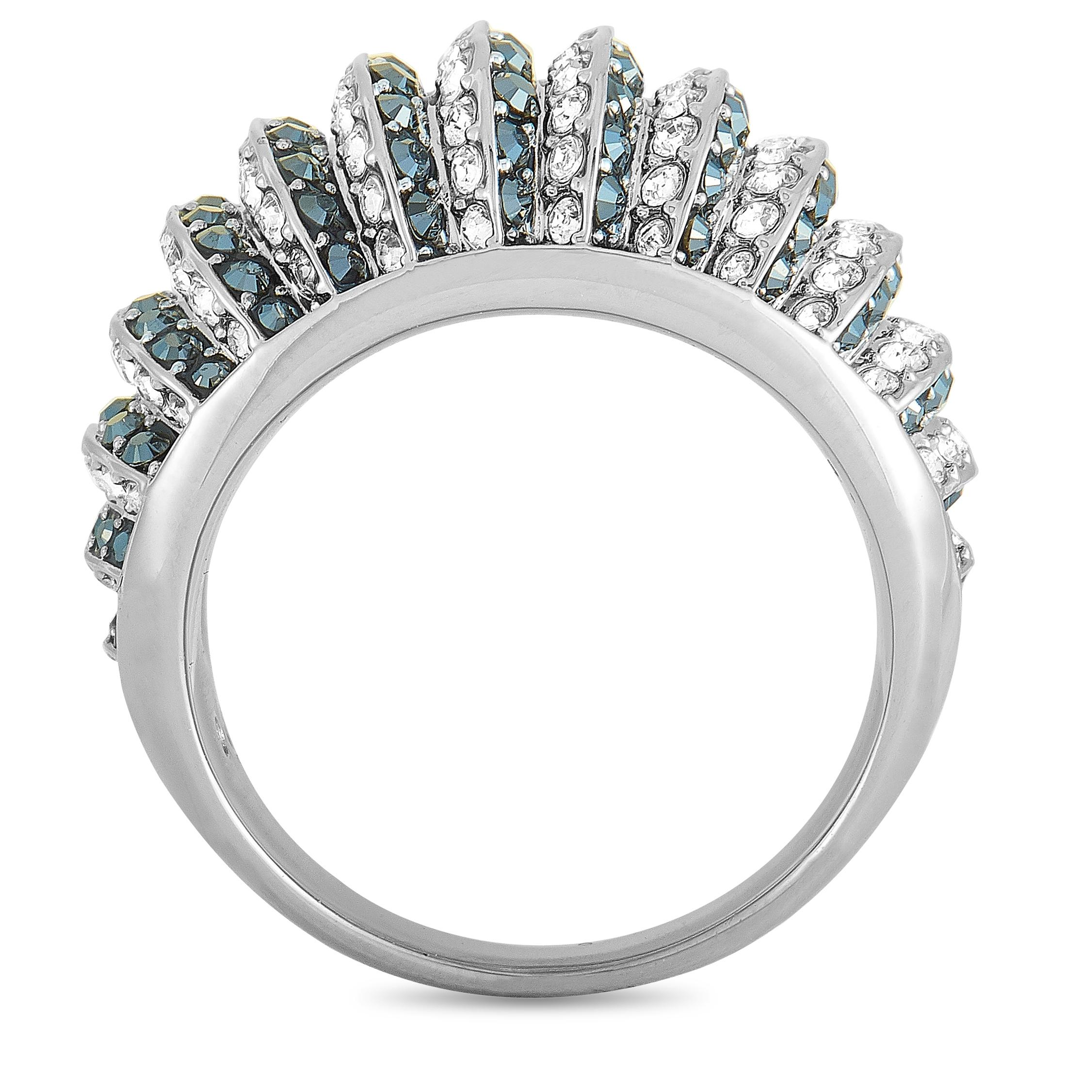 The Swarovski “Luxury” ring is made of rhodium-plated stainless steel and embellished with black and clear Swarovski crystals. The ring weighs 8.5 grams, boasting band thickness of 3 mm and top height of 7 mm, while top dimensions measure 22 by 12