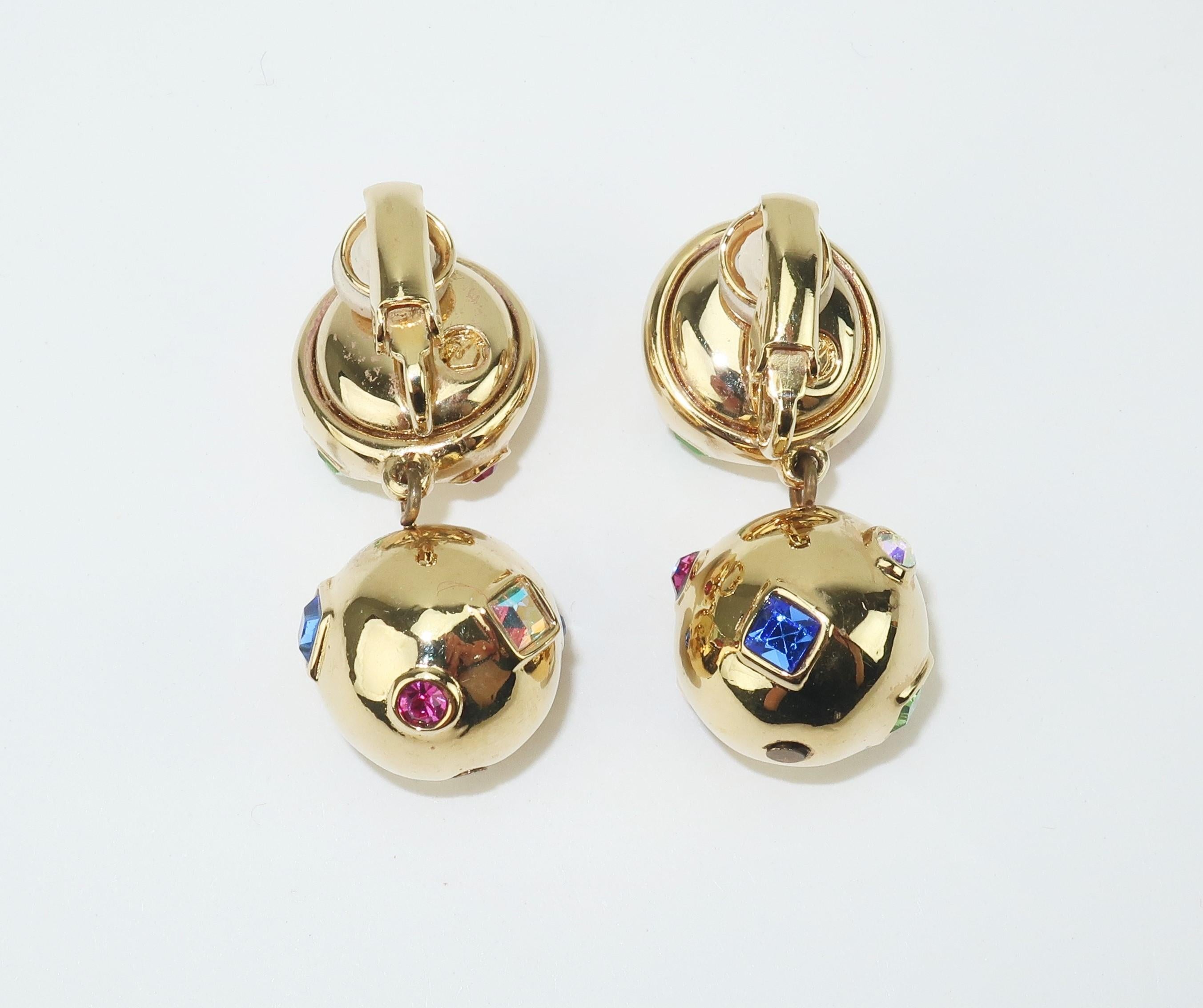 Modern Swarovski Multi Color Crystal & Gold Tone Orb Earrings