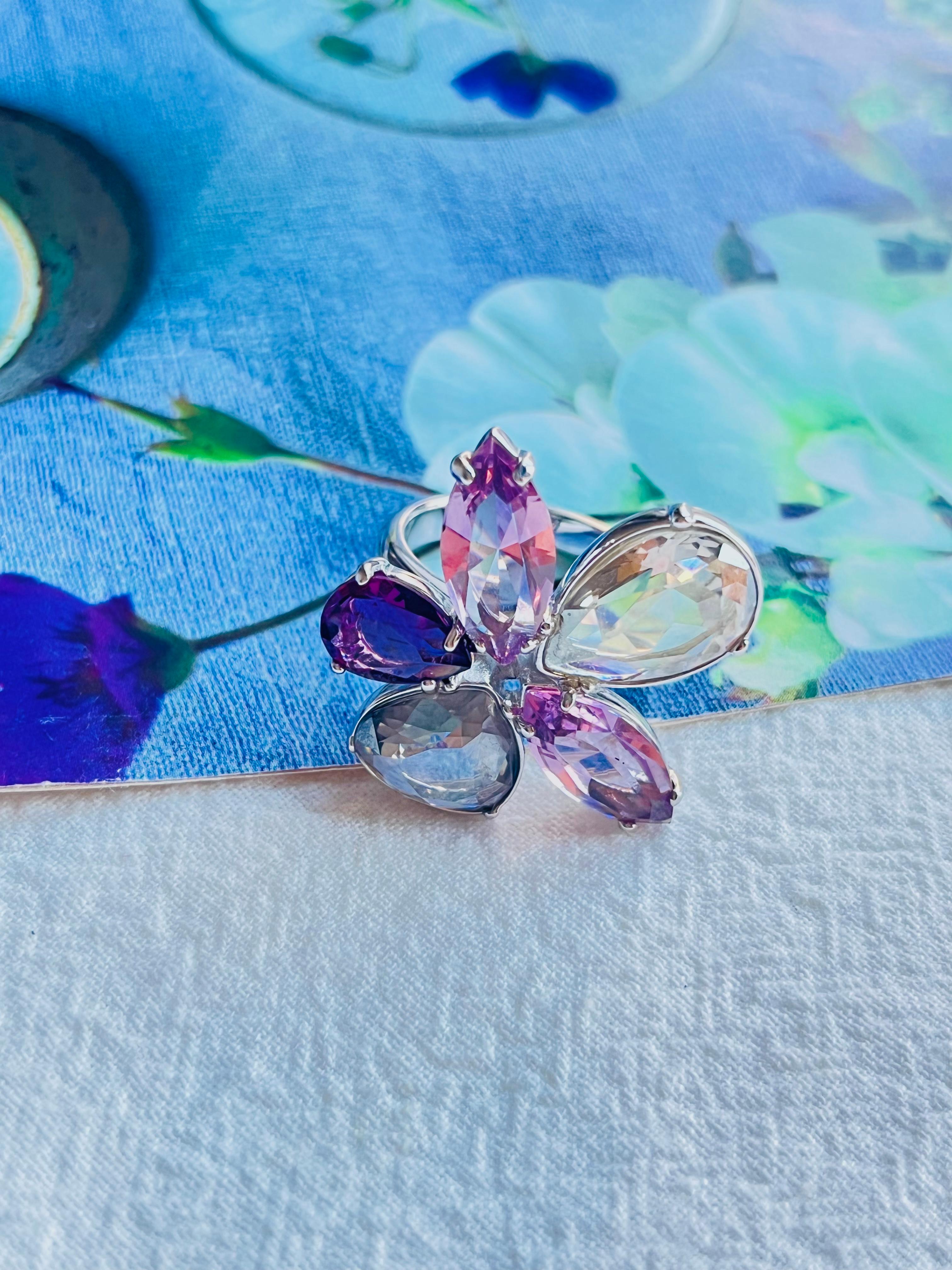 Women's or Men's Swarovski Nirvana Cocktail Clear Purple Crystal Flower Ring, Silver, Size 55 For Sale