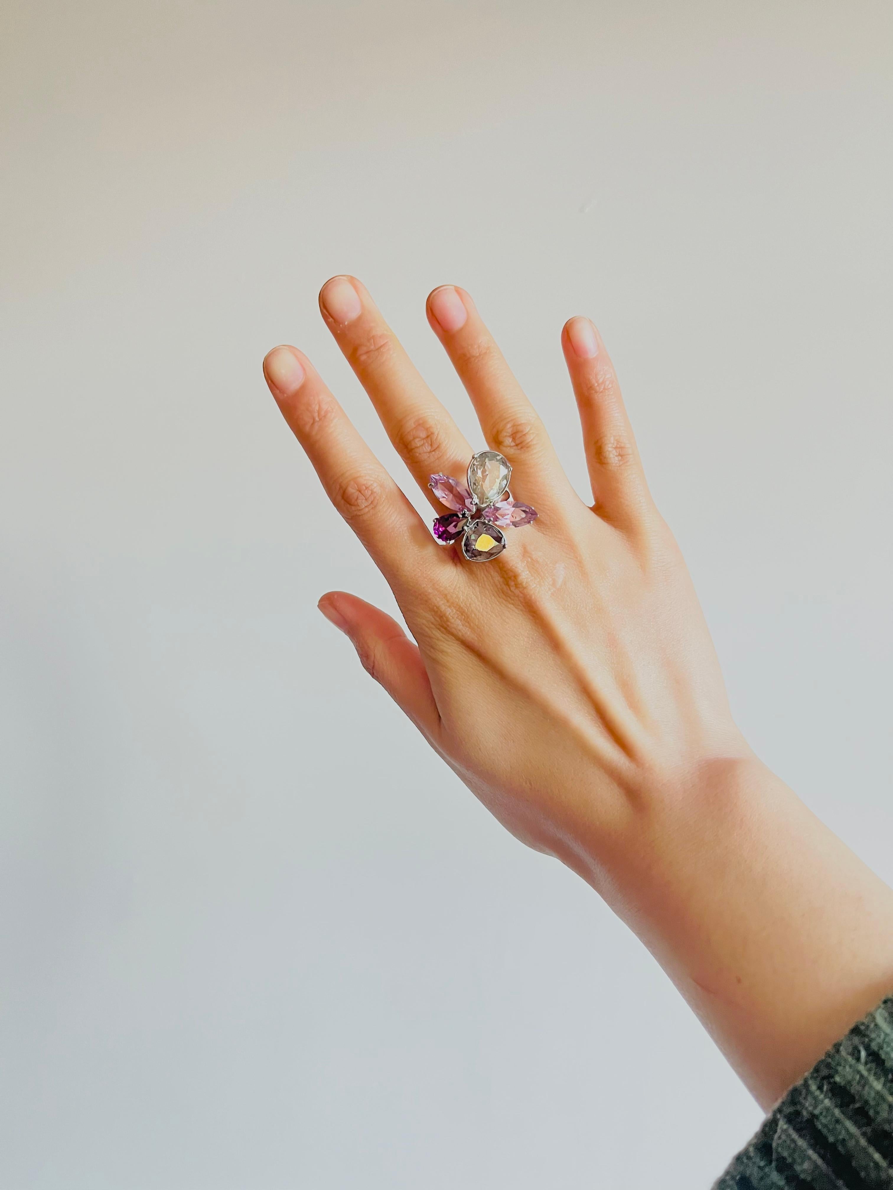 Swarovski Nirvana Cocktail Clear Purple Crystal Flower Ring, Silver, Size 55 For Sale 1
