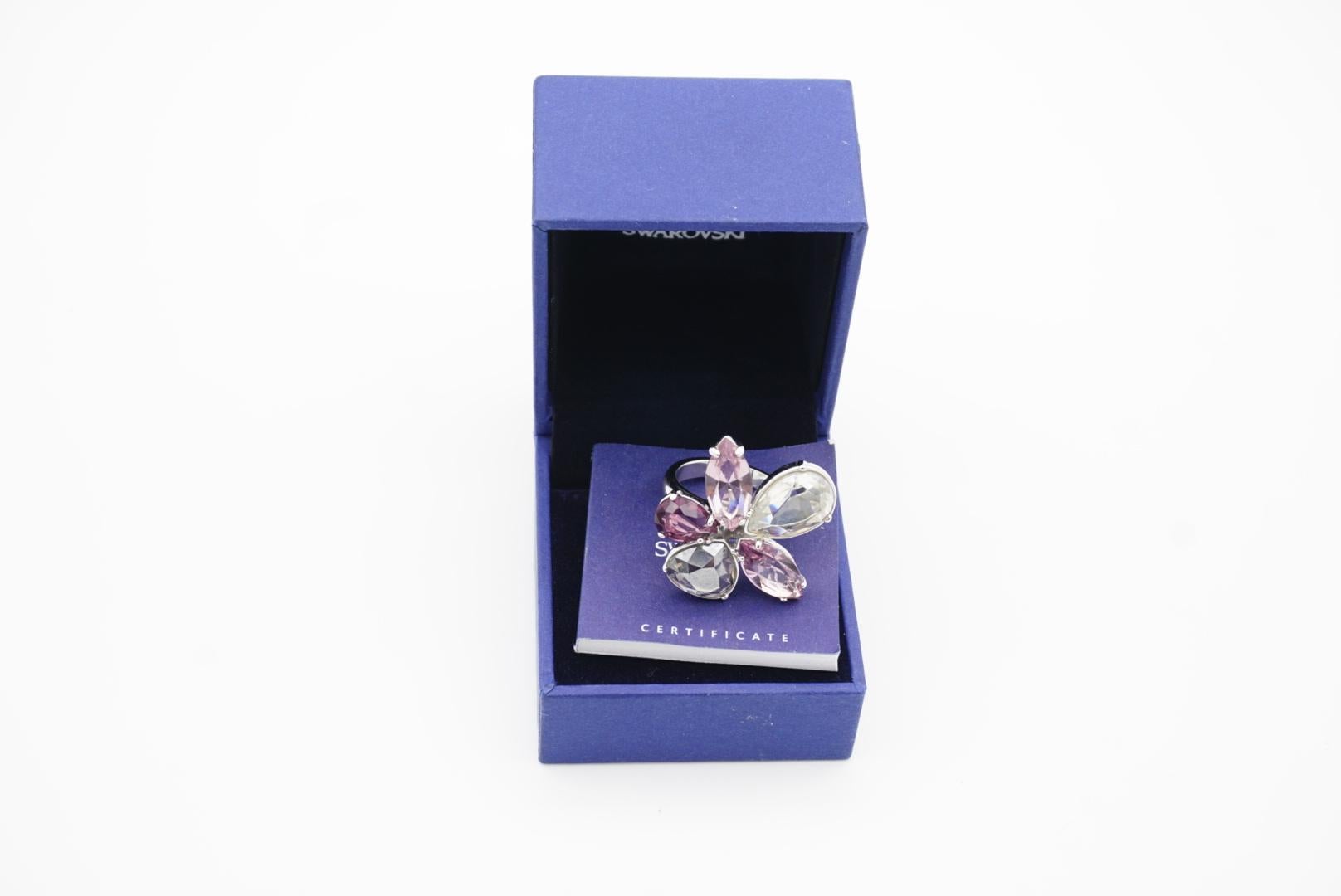 Swarovski Nirvana Cocktail Clear Purple Crystal Flower Ring, Silver, Size 55 For Sale 2