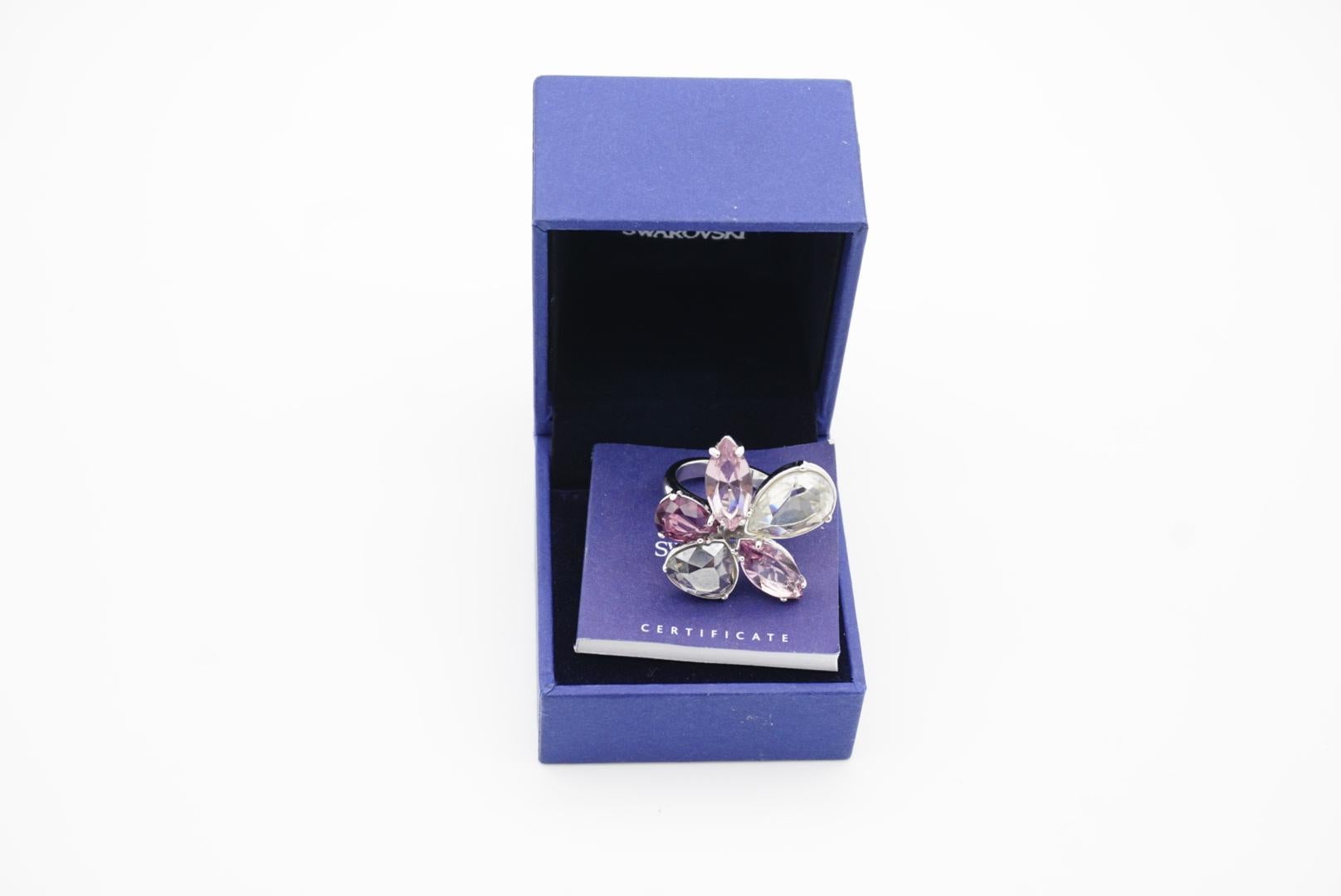 Swarovski Nirvana Cocktail Clear Purple Crystal Flower Ring, Silver, Size 55 For Sale 3