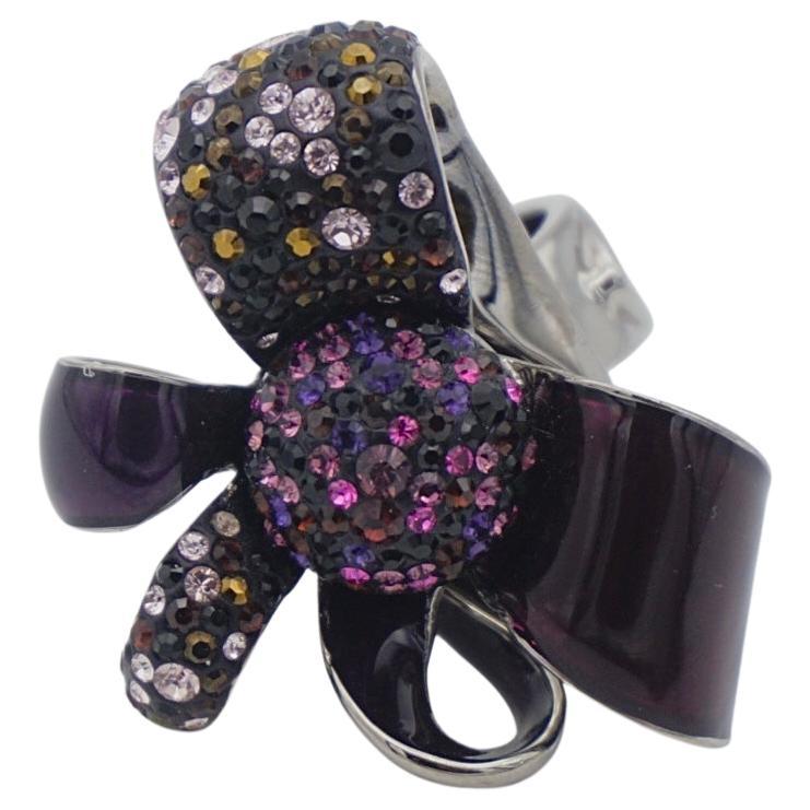 Swarovski Nirvana Cocktail Purple Flower Ribbon Bow Ring, Silver Plated, Size 52 For Sale