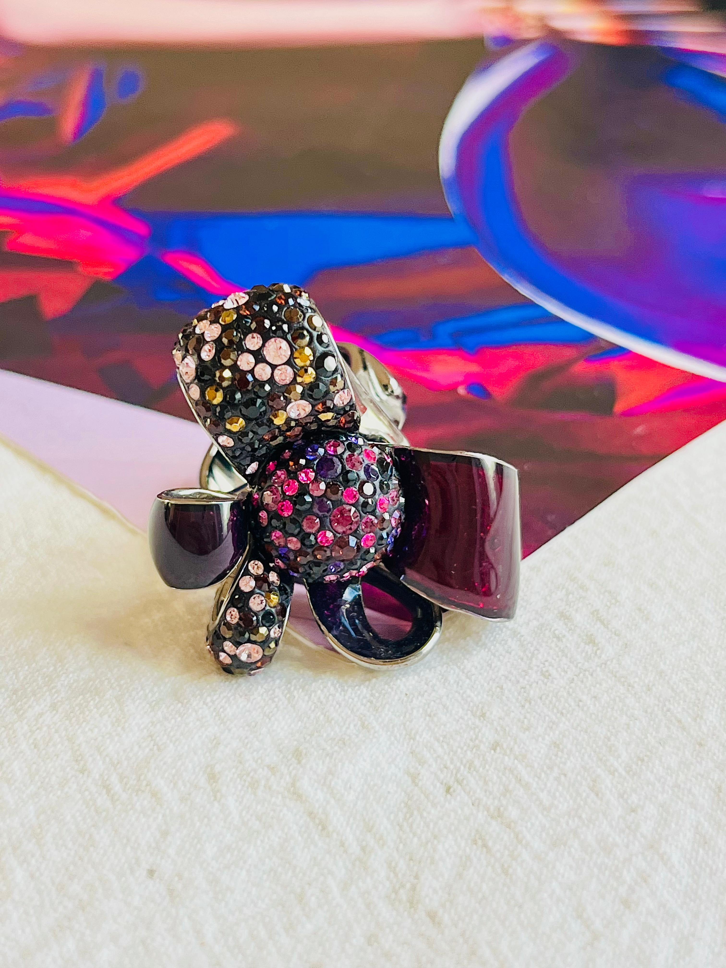 Swarovski Nirvana Cocktail Purple Flower Ribbon Bow Silver Ring, Size 52, UK L In Excellent Condition In Wokingham, England