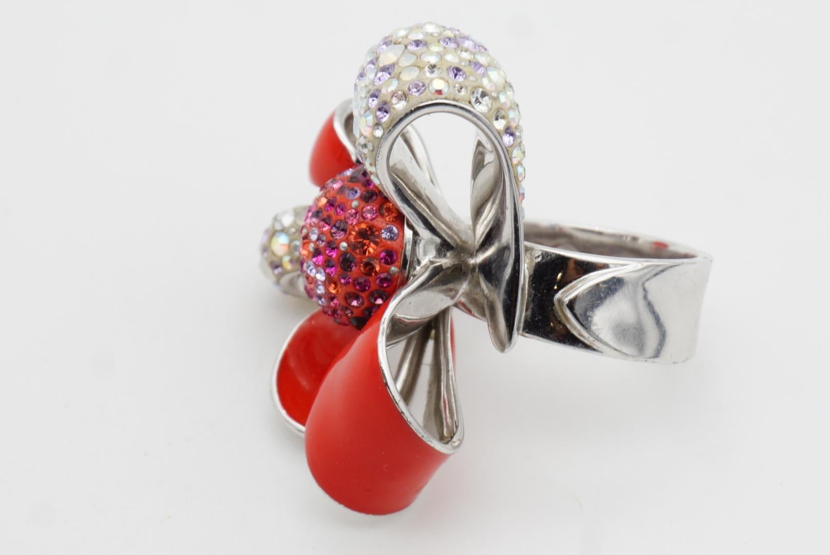 Swarovski Nirvana Cocktail Red Enamel Crystals Flower Ribbon Bow Ring, Size 55 For Sale 6