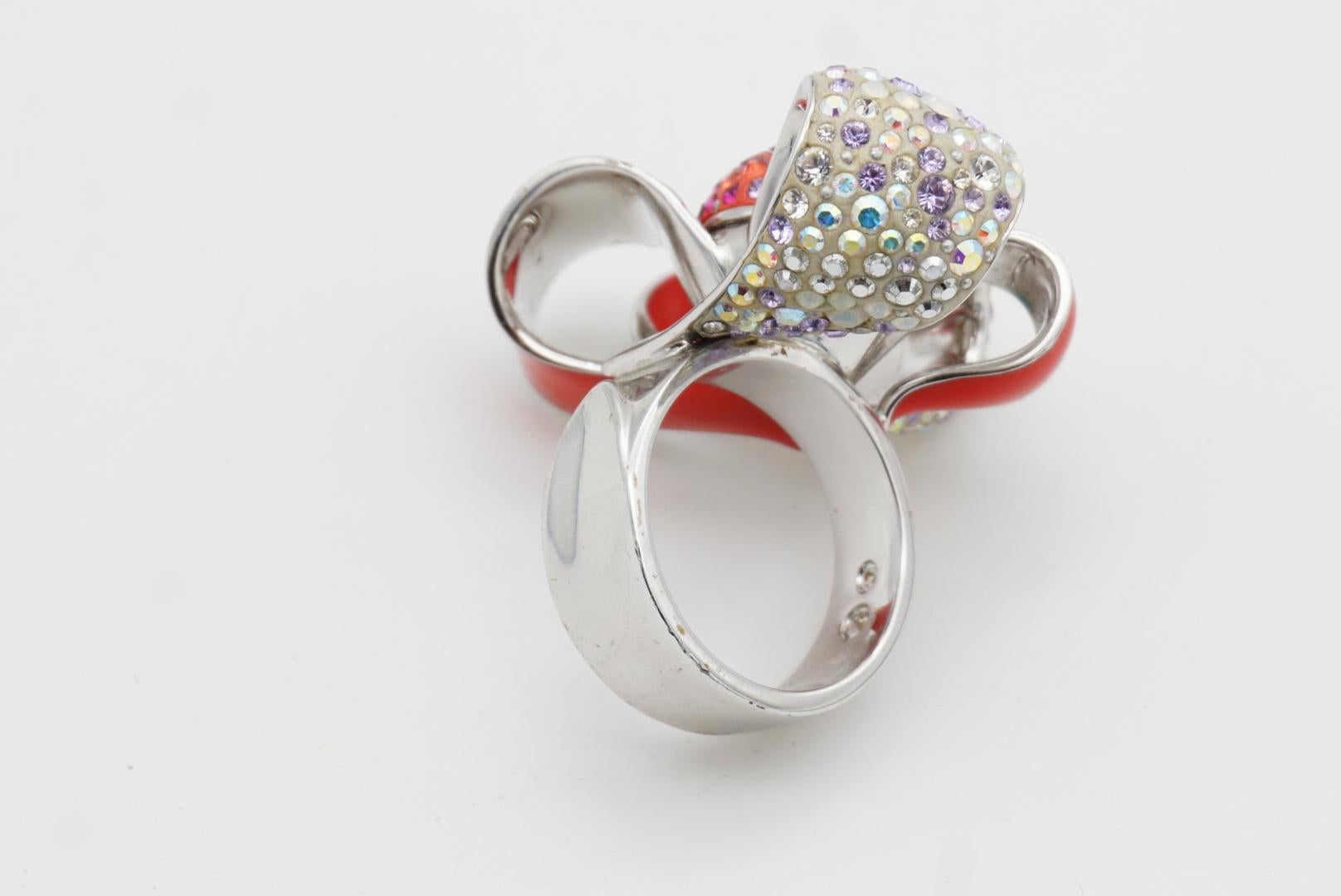 Swarovski Nirvana Cocktail Red Enamel Crystals Flower Ribbon Bow Ring, Size 55 For Sale 7