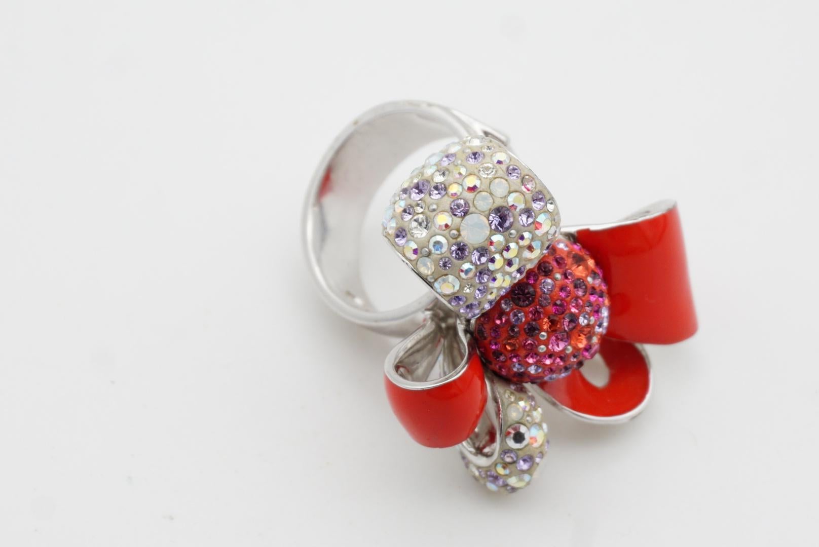 Swarovski Nirvana Cocktail Red Enamel Crystals Flower Ribbon Bow Ring, Size 55 For Sale 8