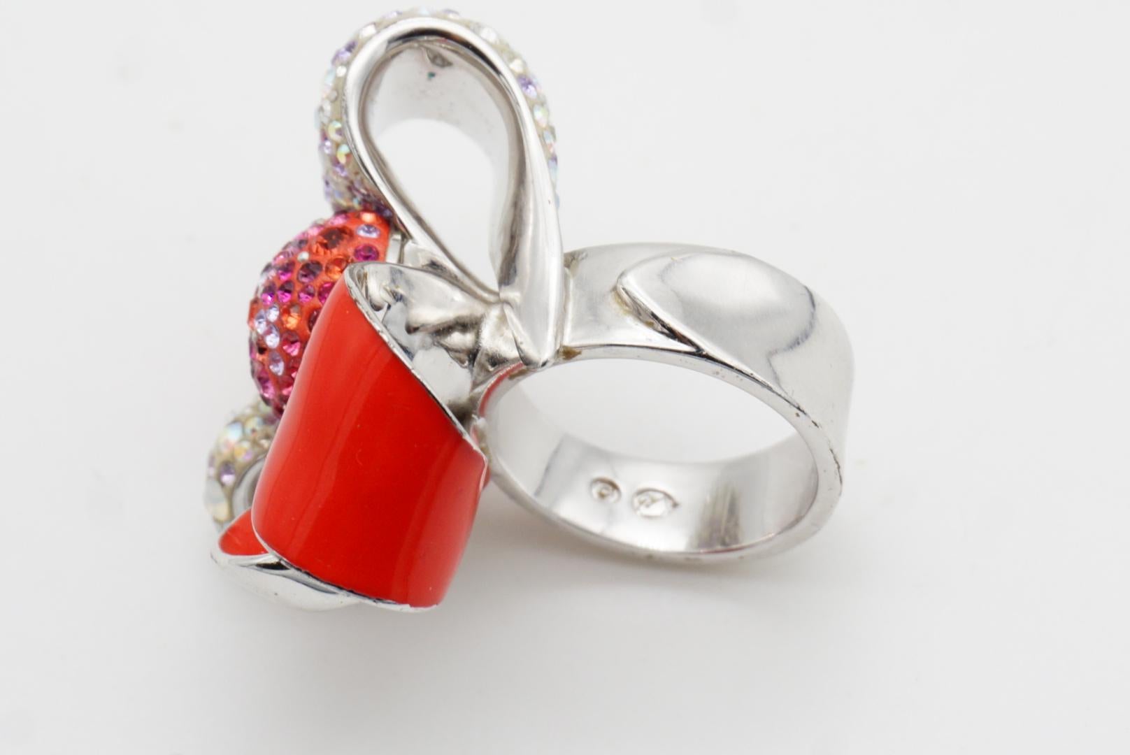 Swarovski Nirvana Cocktail Red Enamel Crystals Flower Ribbon Bow Ring, Size 55 For Sale 9
