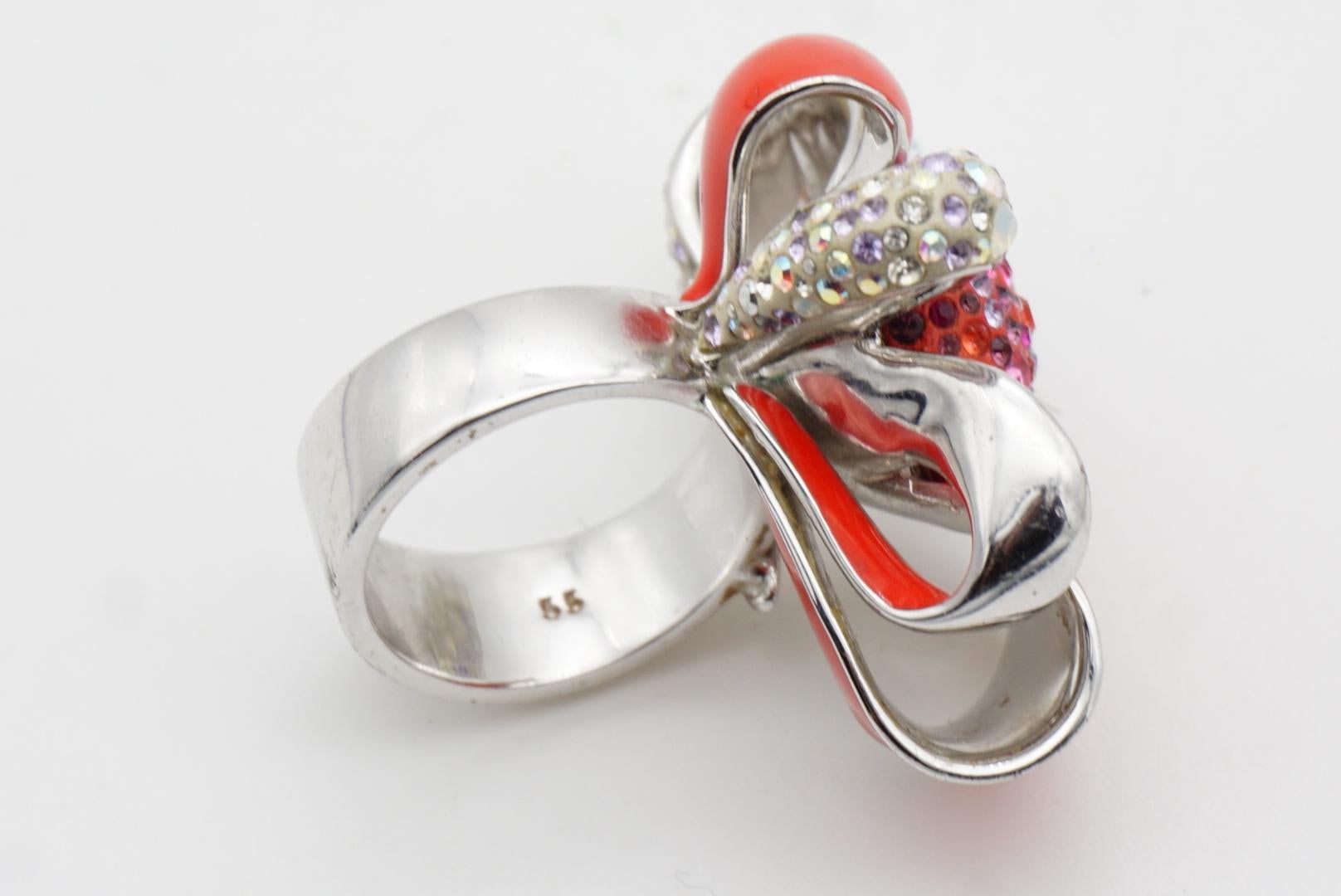 Swarovski Nirvana Cocktail Red Enamel Crystals Flower Ribbon Bow Ring, Size 55 For Sale 10