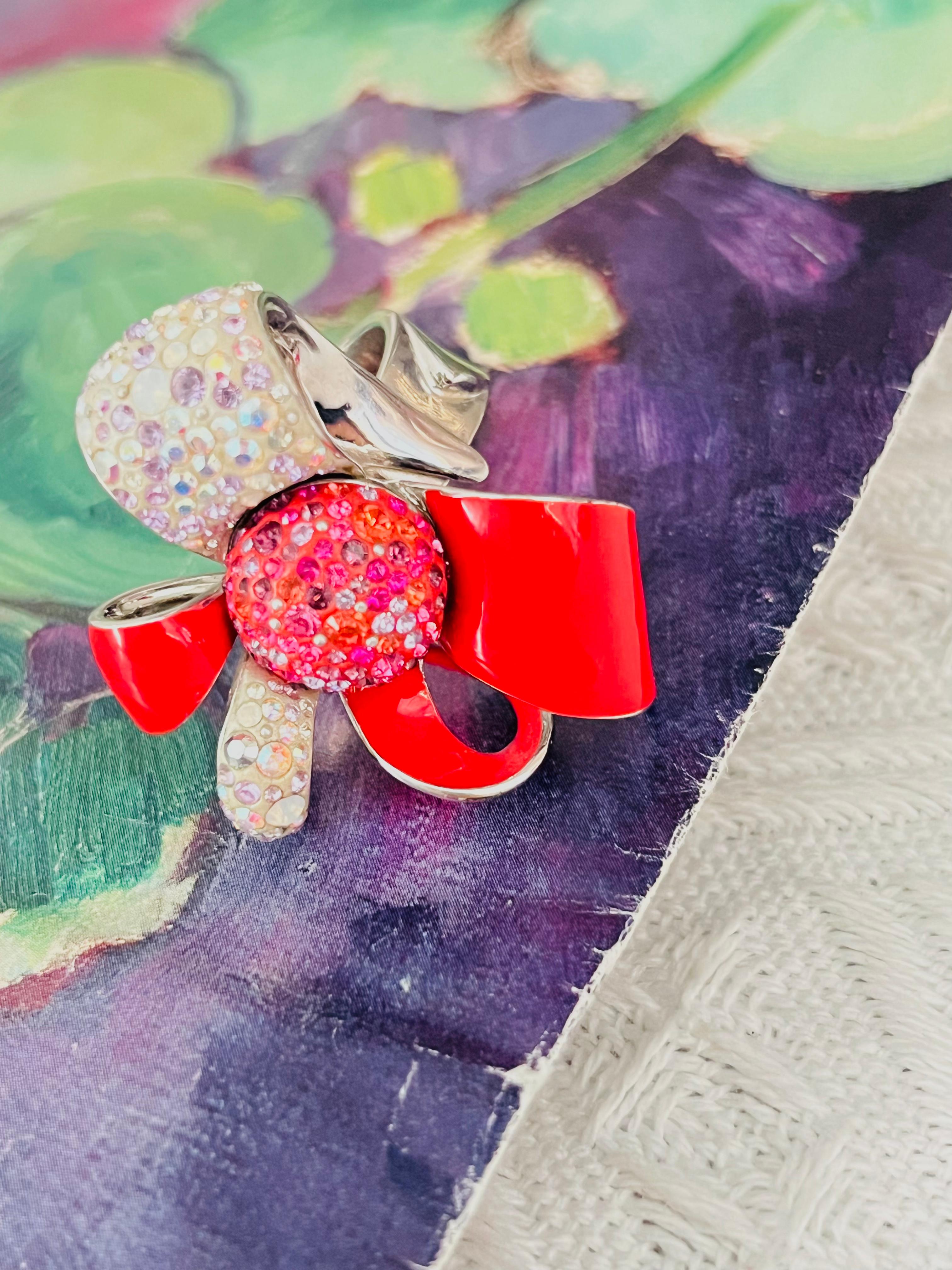 Art Deco Swarovski Nirvana Cocktail Red Enamel Crystals Flower Ribbon Bow Ring, Size 55 For Sale