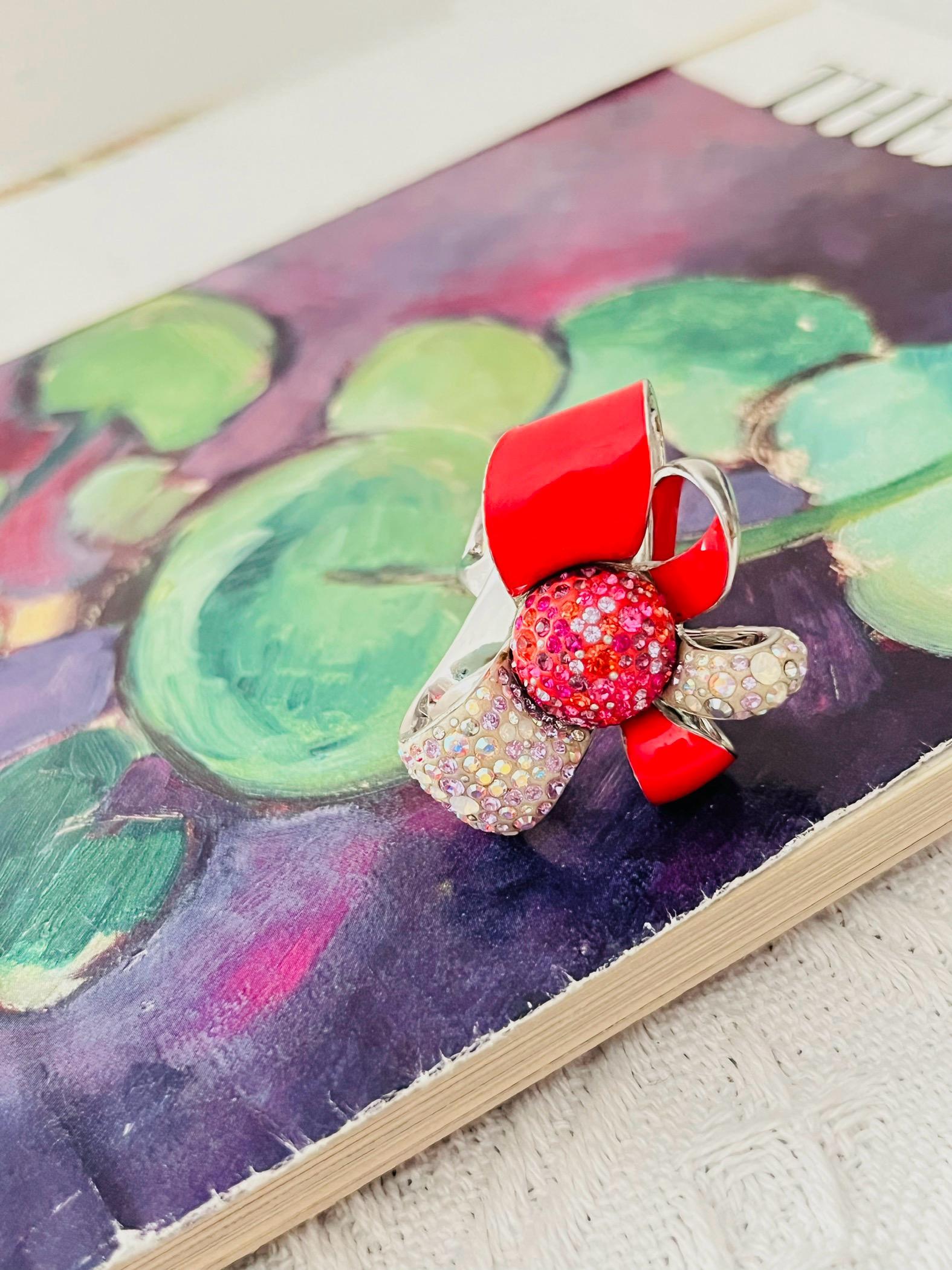 Swarovski Nirvana Cocktail Red Enamel Crystals Flower Ribbon Bow Ring, Size 55 In Excellent Condition For Sale In Wokingham, England
