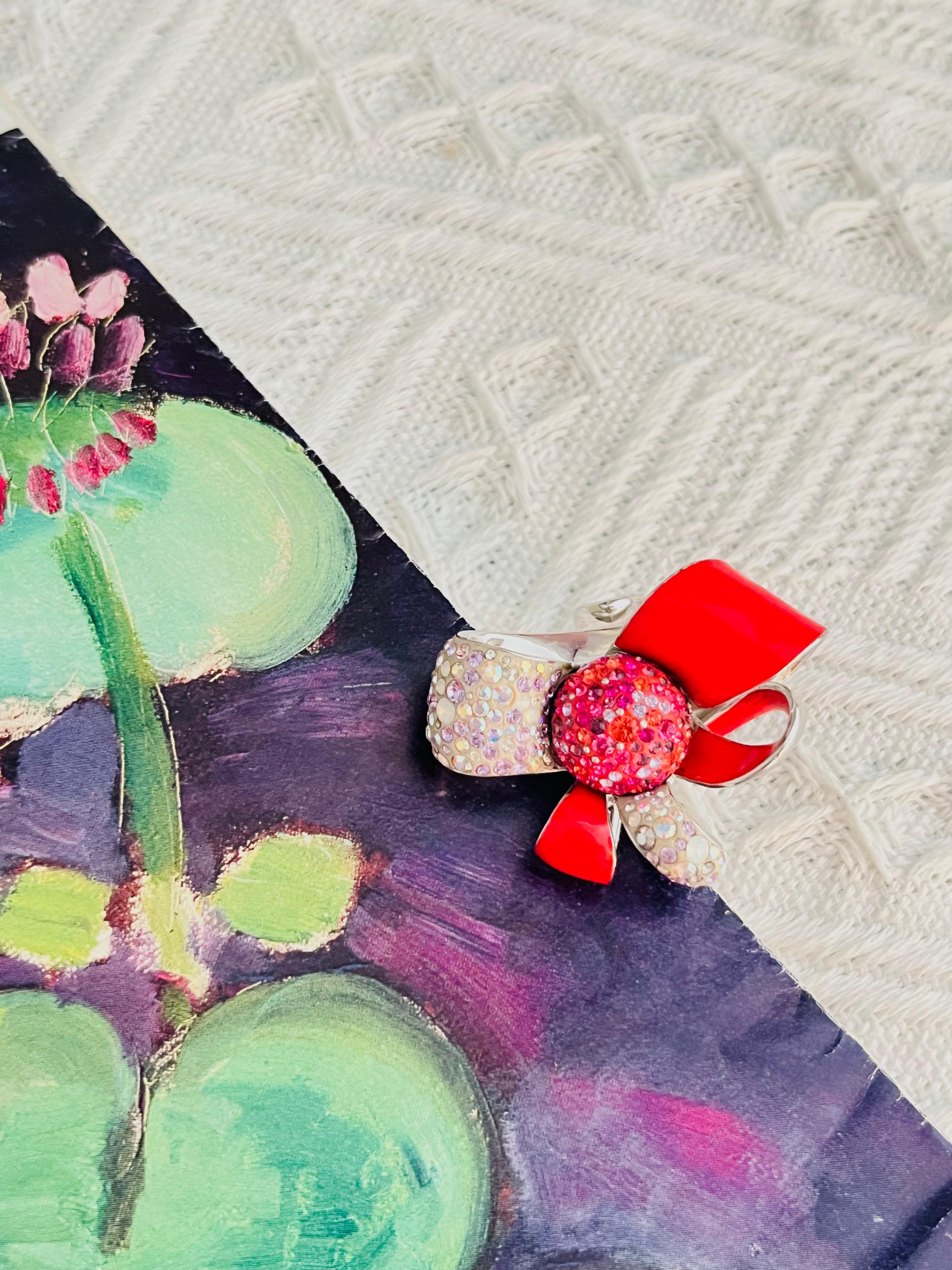 Swarovski Nirvana Cocktail Red Enamel Crystals Flower Ribbon Bow Ring, Size 55 In Excellent Condition For Sale In Wokingham, England
