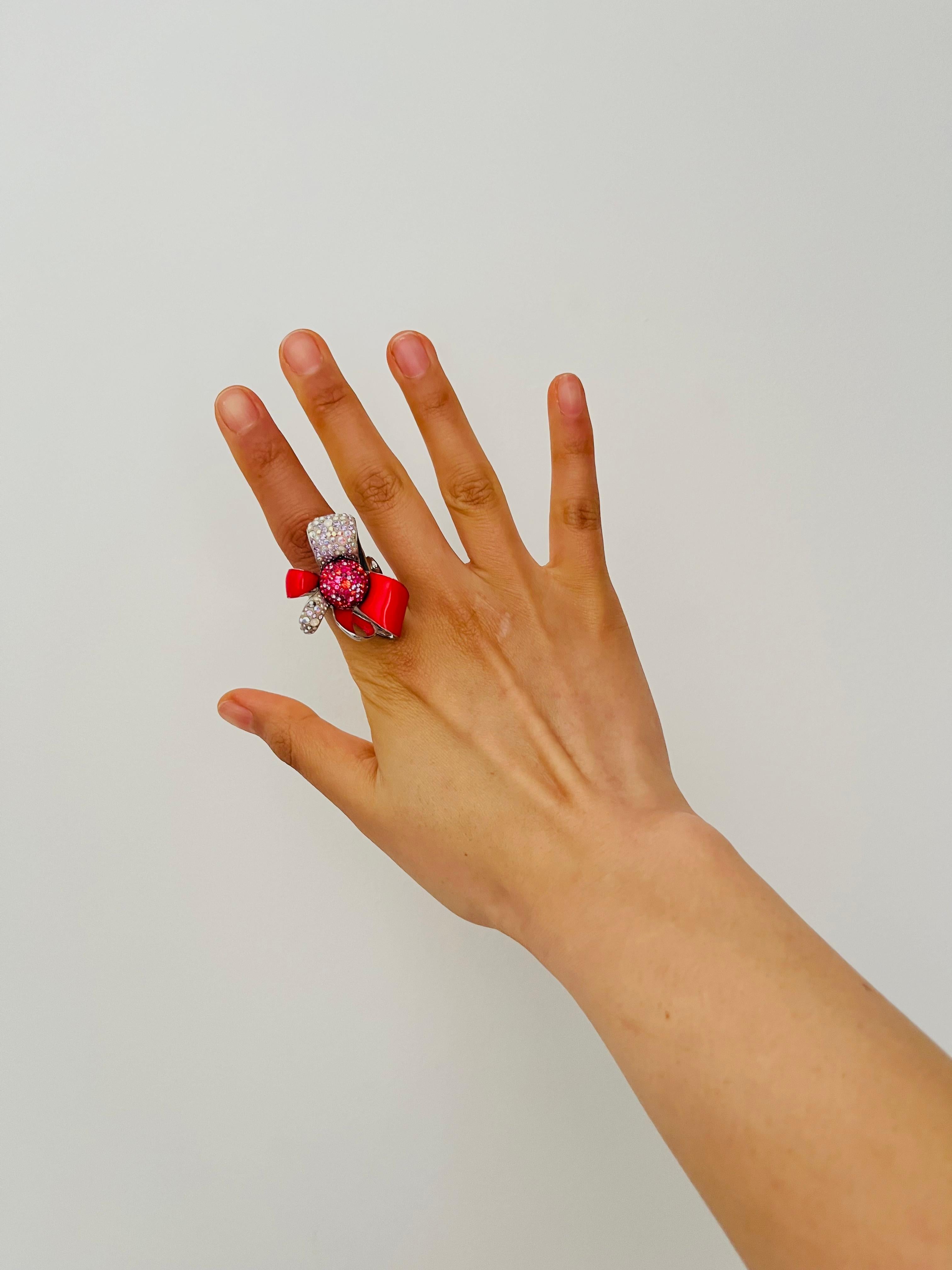Swarovski Nirvana Cocktail Red Enamel Crystals Flower Ribbon Bow Ring, Size 55 For Sale 1