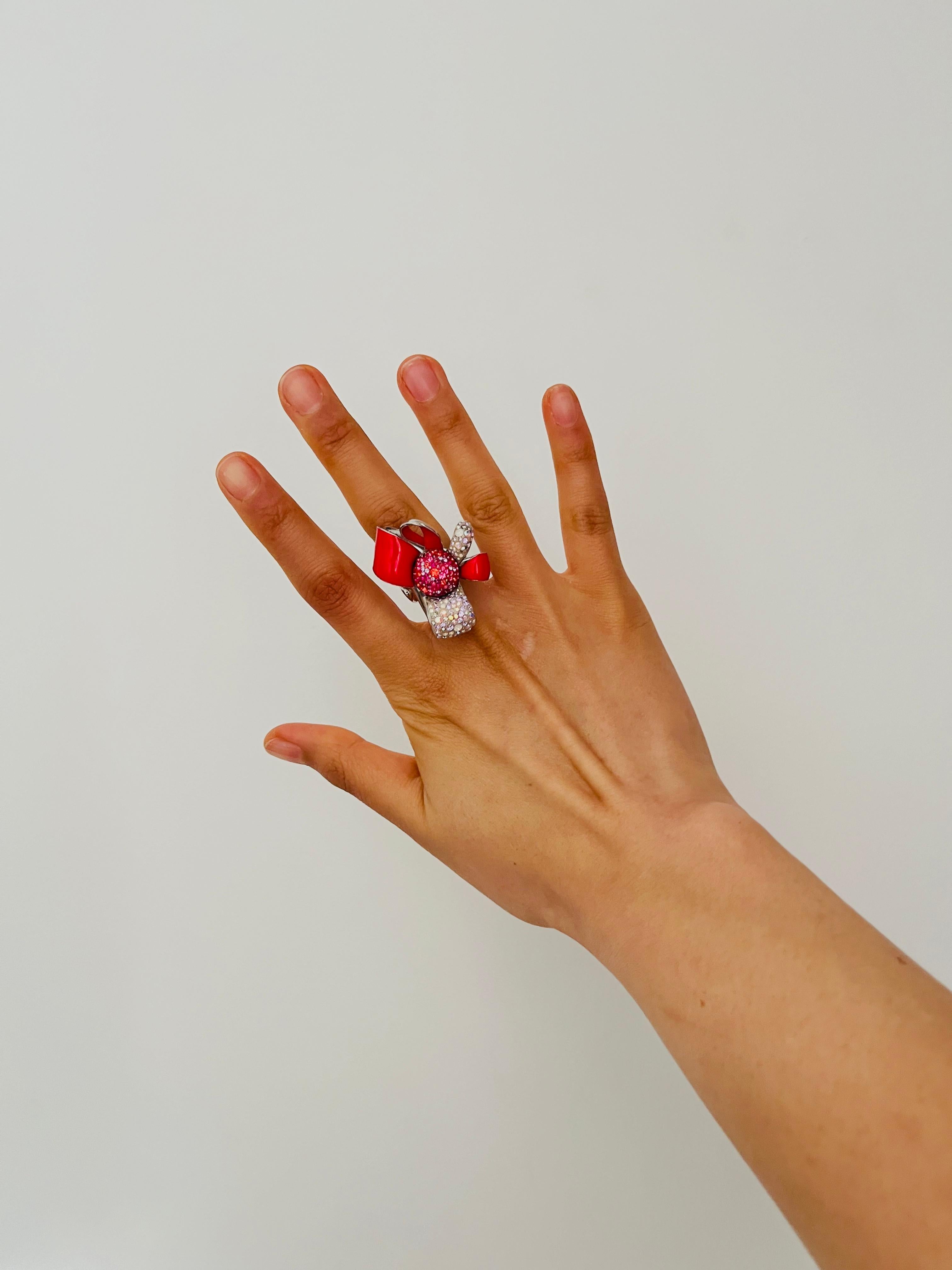 Swarovski Nirvana Cocktail Red Enamel Crystals Flower Ribbon Bow Ring, Size 55 For Sale 2