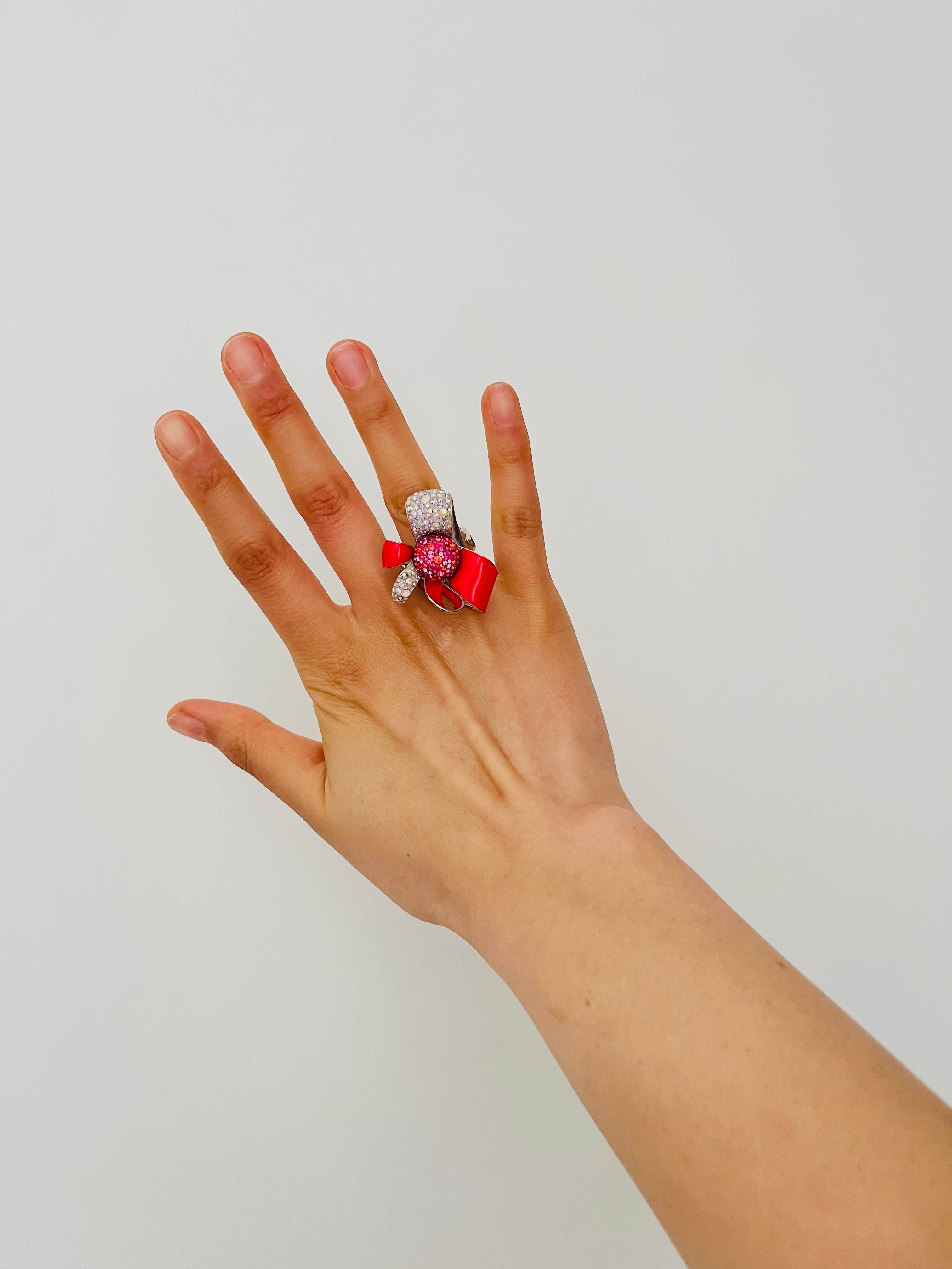 Swarovski Nirvana Cocktail Red Enamel Crystals Flower Ribbon Bow Ring, Size 55 For Sale 3