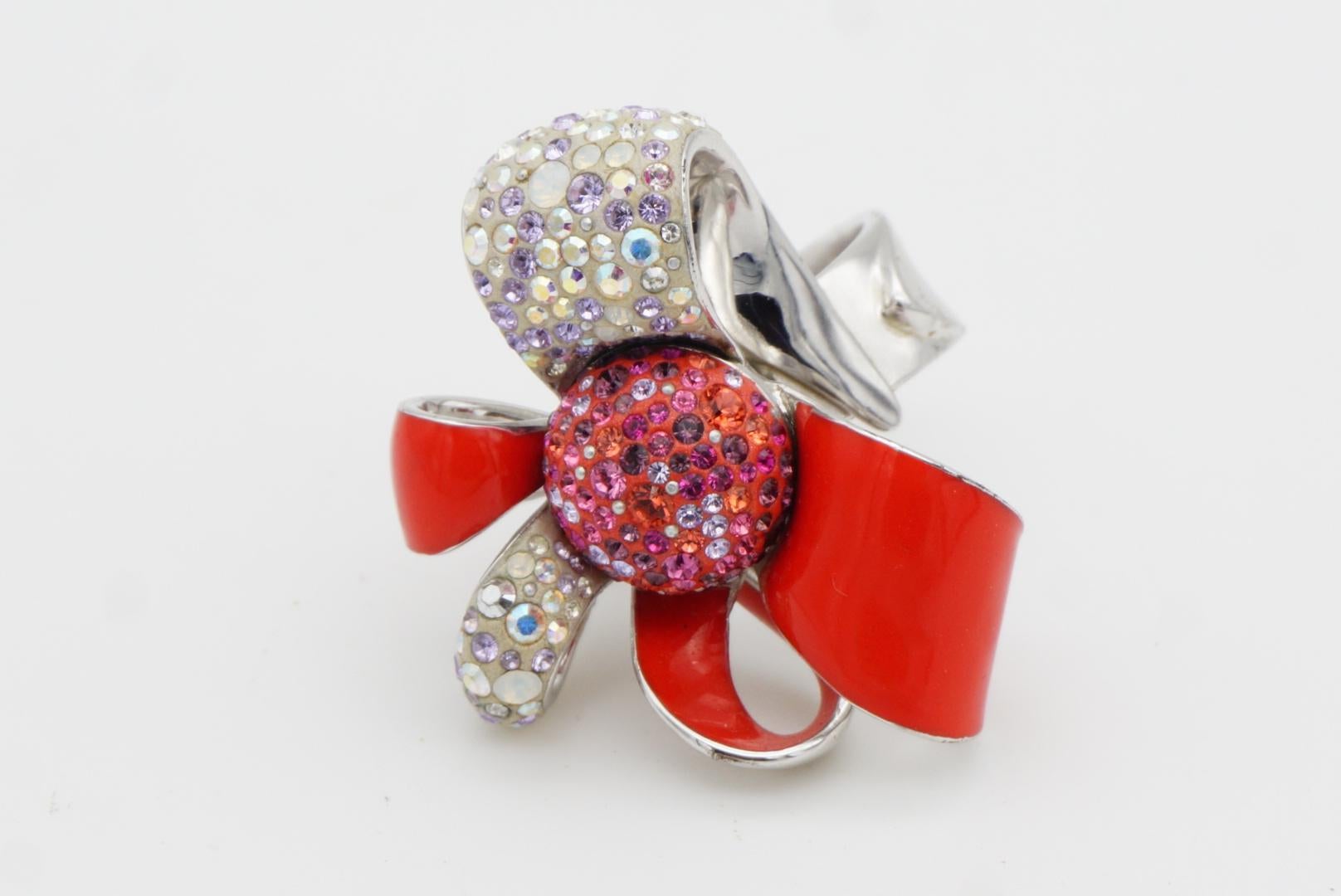Swarovski Nirvana Cocktail Red Enamel Crystals Flower Ribbon Bow Ring, Size 55 For Sale 4