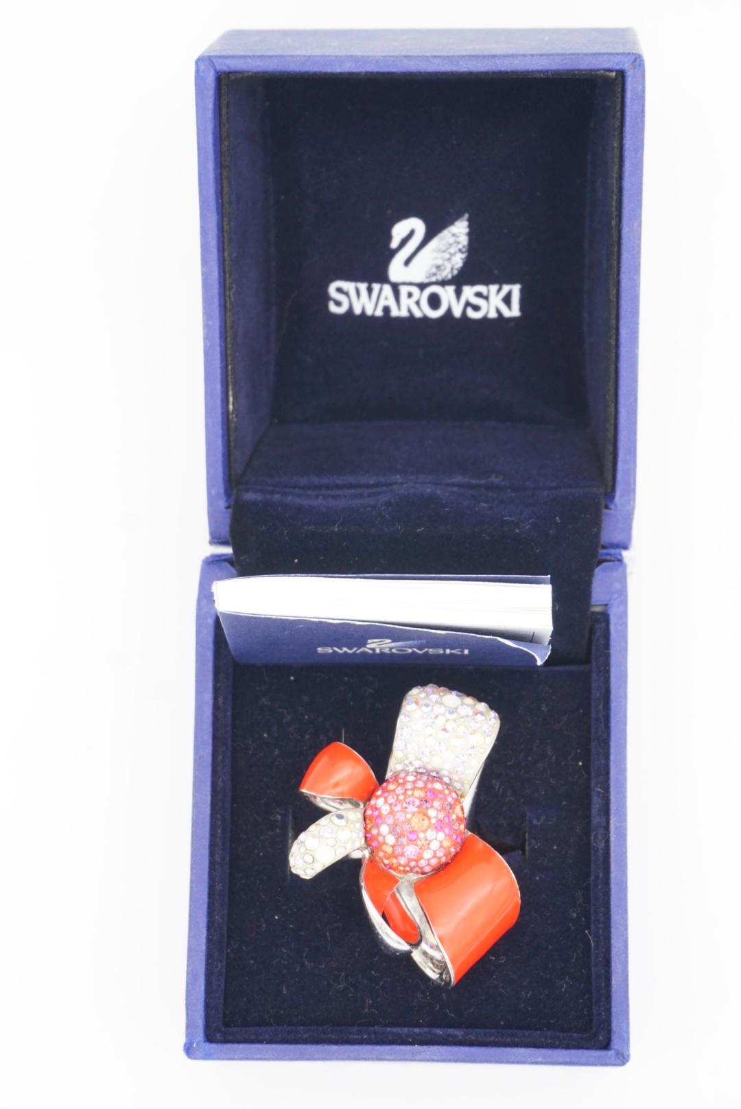 Swarovski Nirvana Cocktail Red Enamel Crystals Flower Ribbon Bow Ring, Size 55 For Sale 4