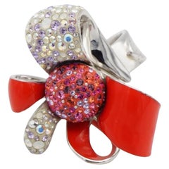 Swarovski Nirvana Cocktail Red Enamel Crystals Flower Ribbon Bow Ring, Size 55