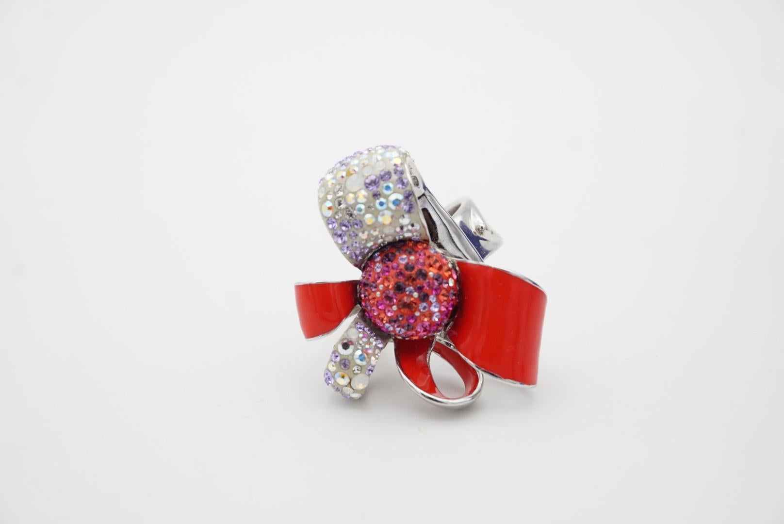 Swarovski Nirvana Cocktail Red Flower Ribbon Bow Ring Silver Size 58 UK P / Q In Excellent Condition In Wokingham, England