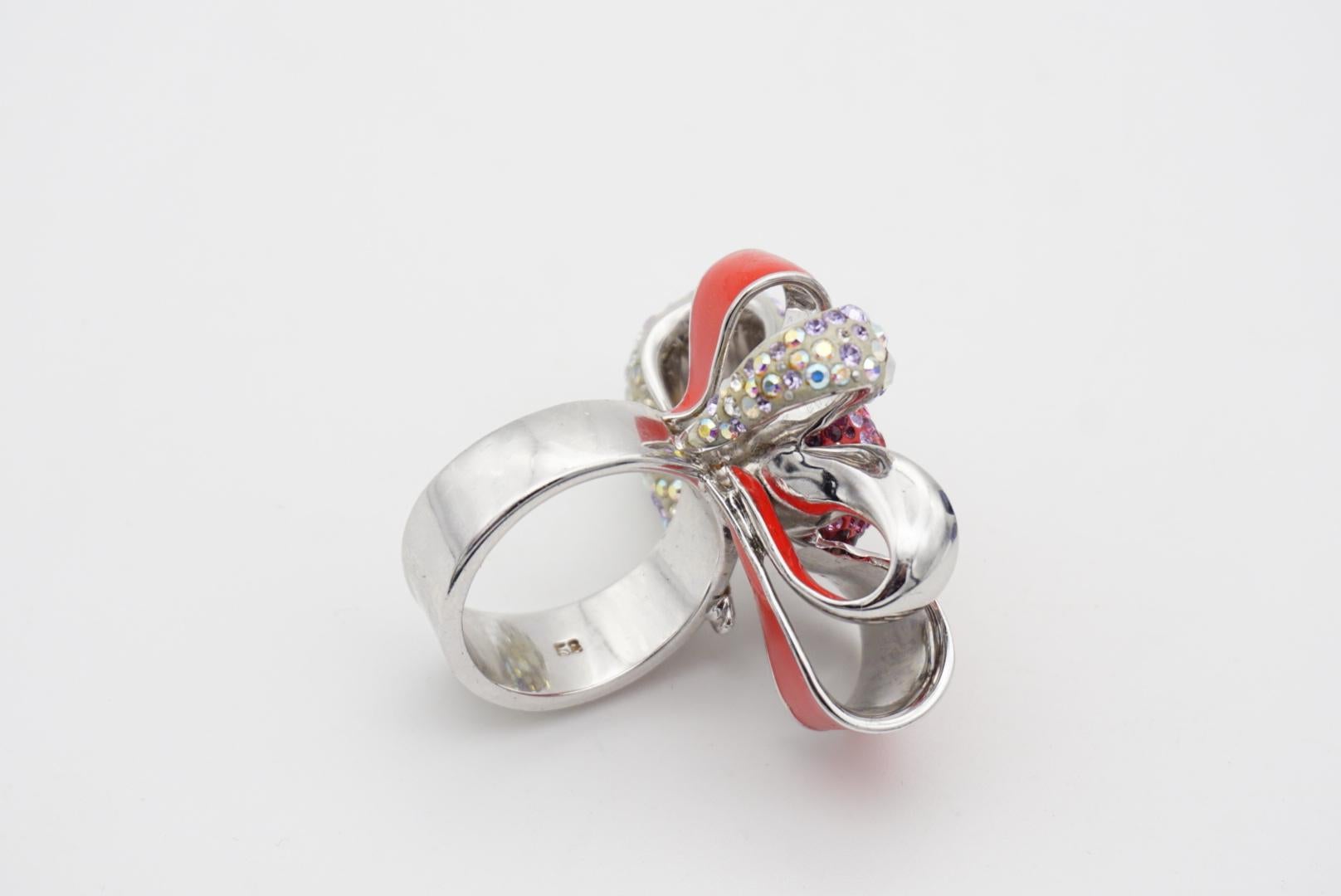 Swarovski Nirvana Cocktail Red Flower Ribbon Bow Ring Silver Size 58 UK P / Q 1