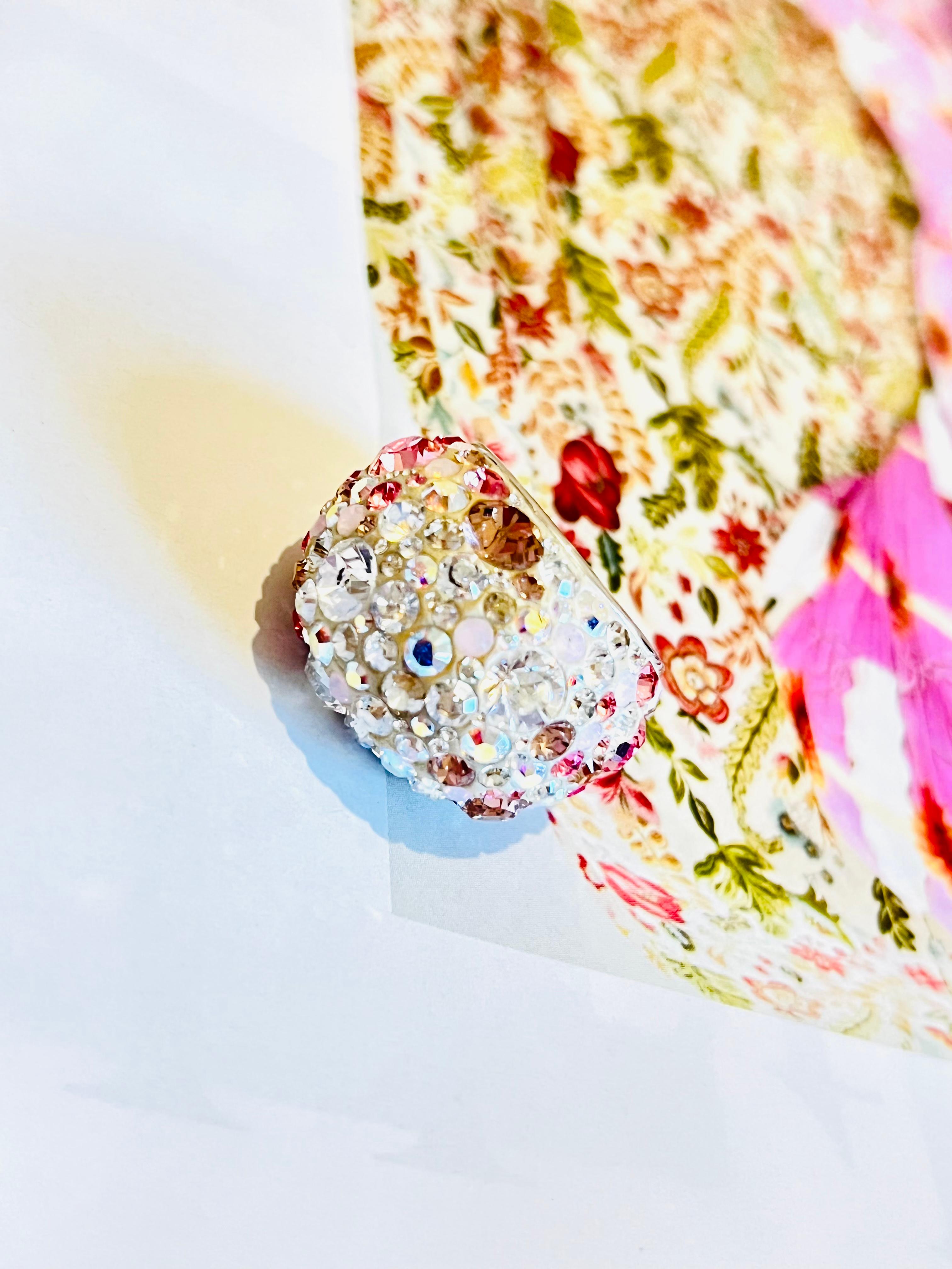 Art Deco Swarovski Nirvana Fully Cut Crystal Glitter Pink White Chunky Ring, Size 55 UK N For Sale